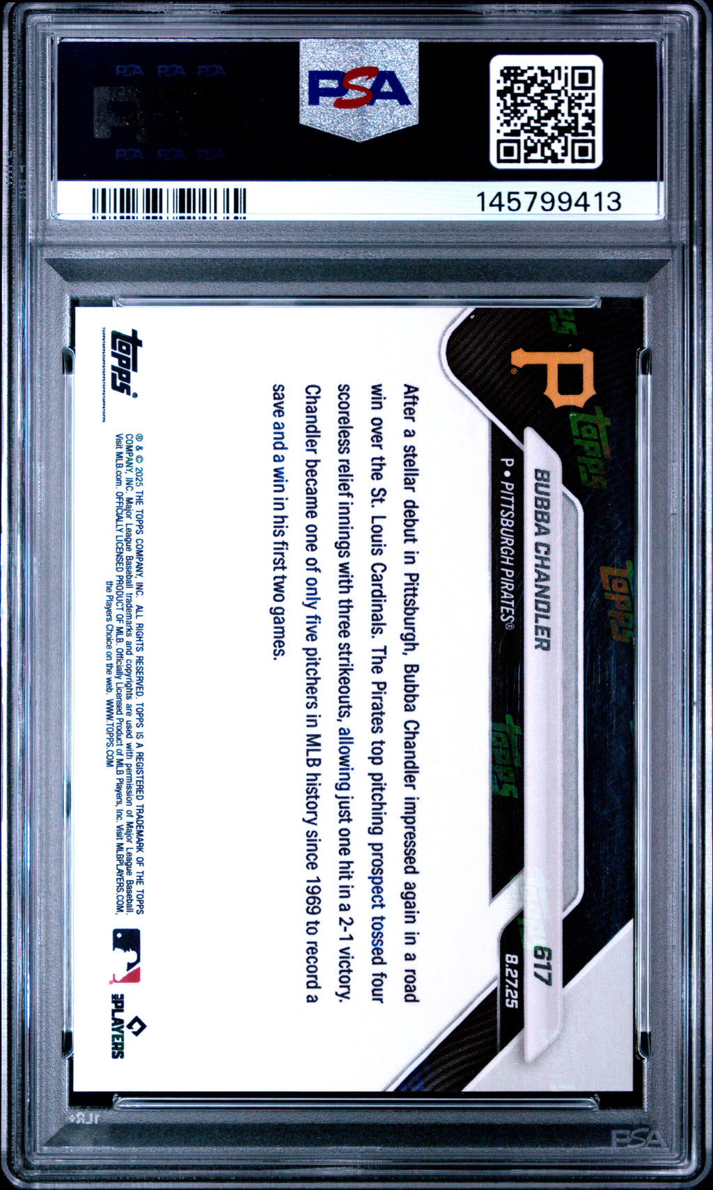 Bubba Chandler 2025 Topps Now Call Up Orange Foil Rookie RC 3/25 PSA 10