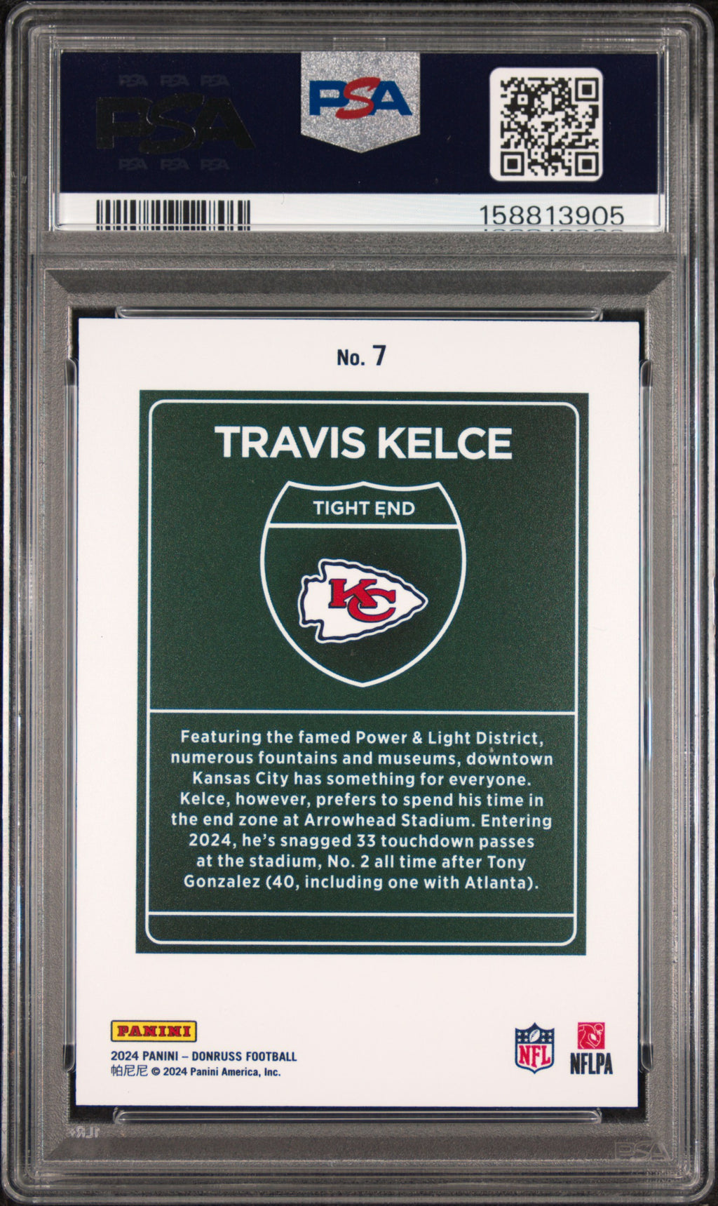 Travis Kelce 2024 Donruss Downtown SSP CASE HIT Kansas City Chiefs #7 PSA 9
