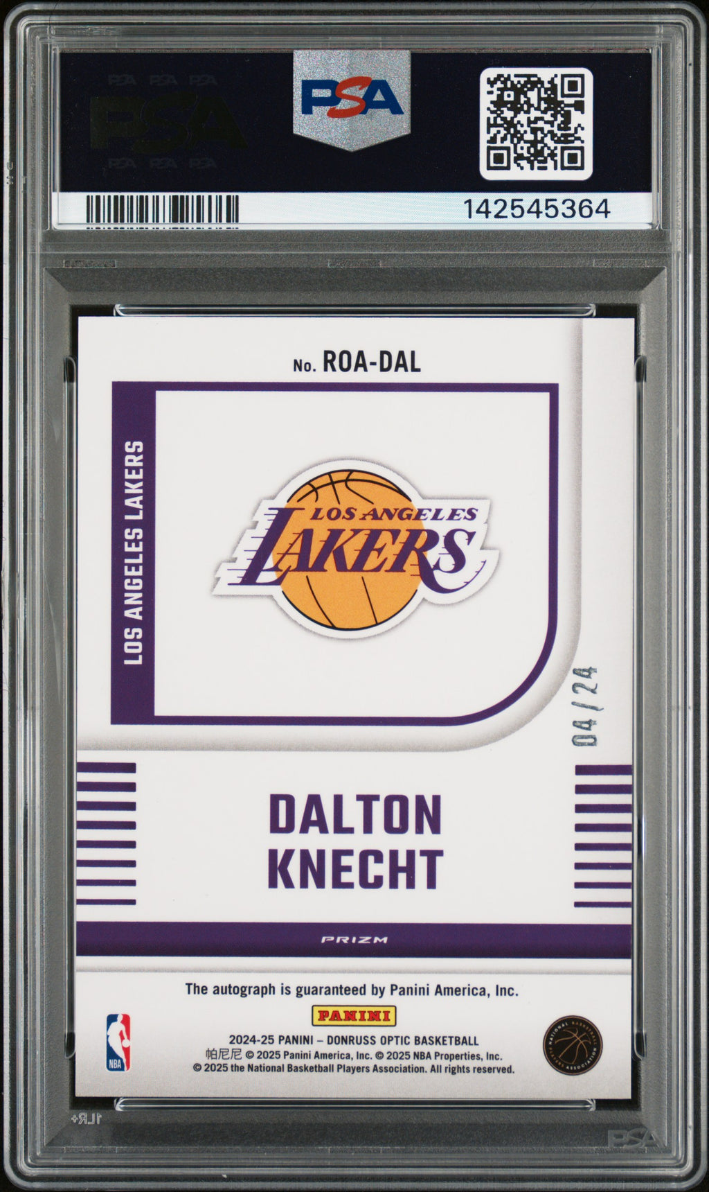 Dalton Knecht 2024-25 Optic Auto Autograph RC Los Angeles Lakers PSA 10 4/24