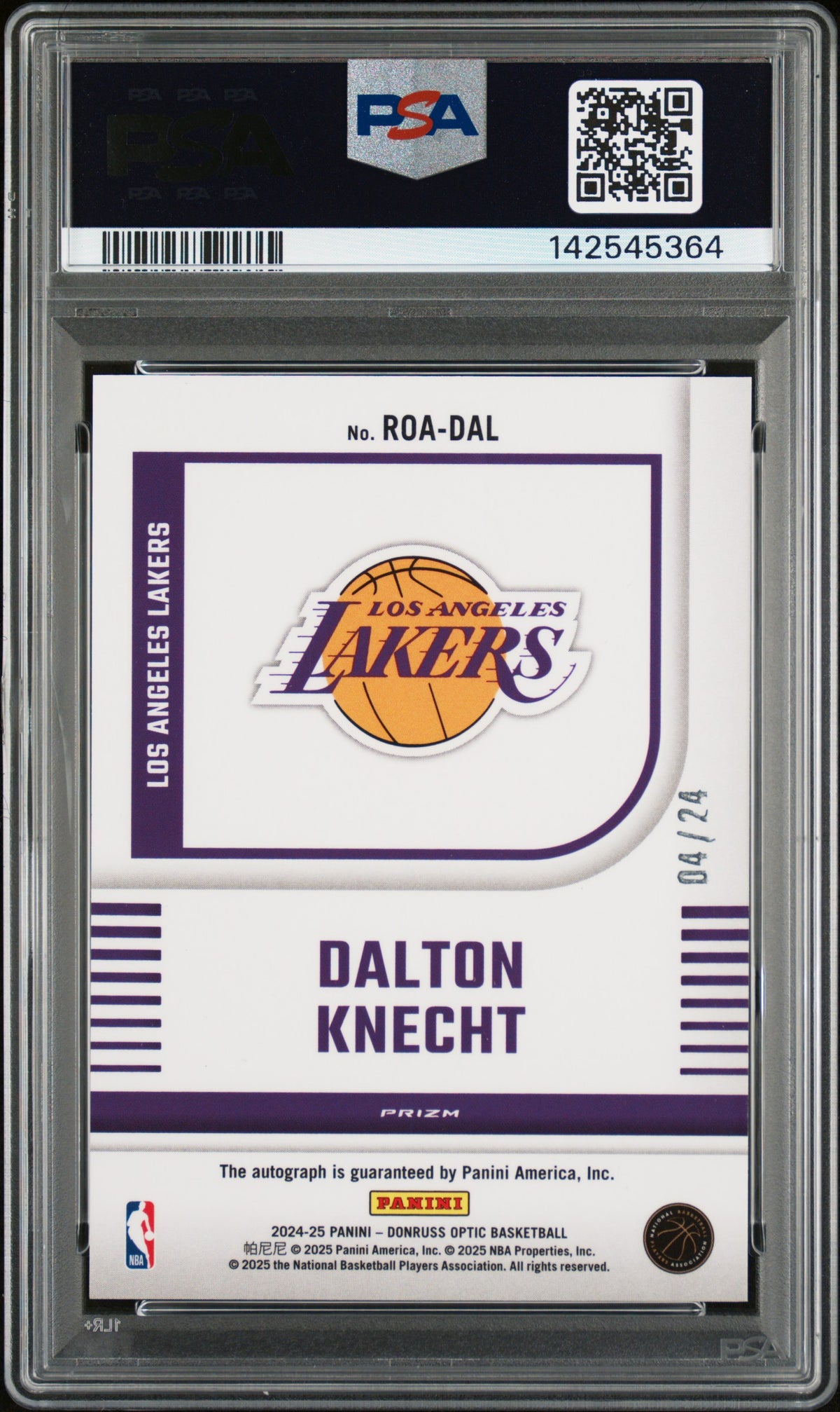 Dalton Knecht 2024-25 Optic Auto Autograph RC Los Angeles Lakers PSA 10 4/24