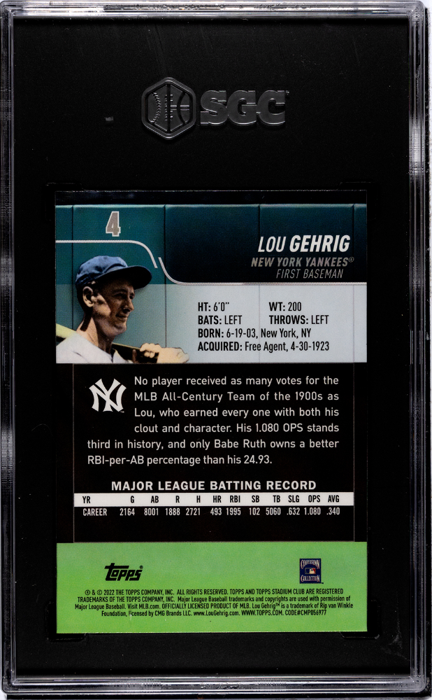 Lou Gehrig 2022 Topps Stadium Club Chrome Xfractor New York Yankees SGC 10