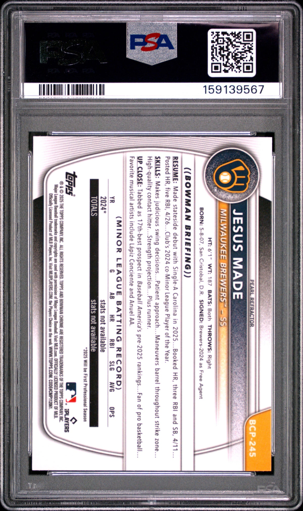 Jesus Made 2025 Bowman Chrome Prospects Pearl Refractor PSA 10