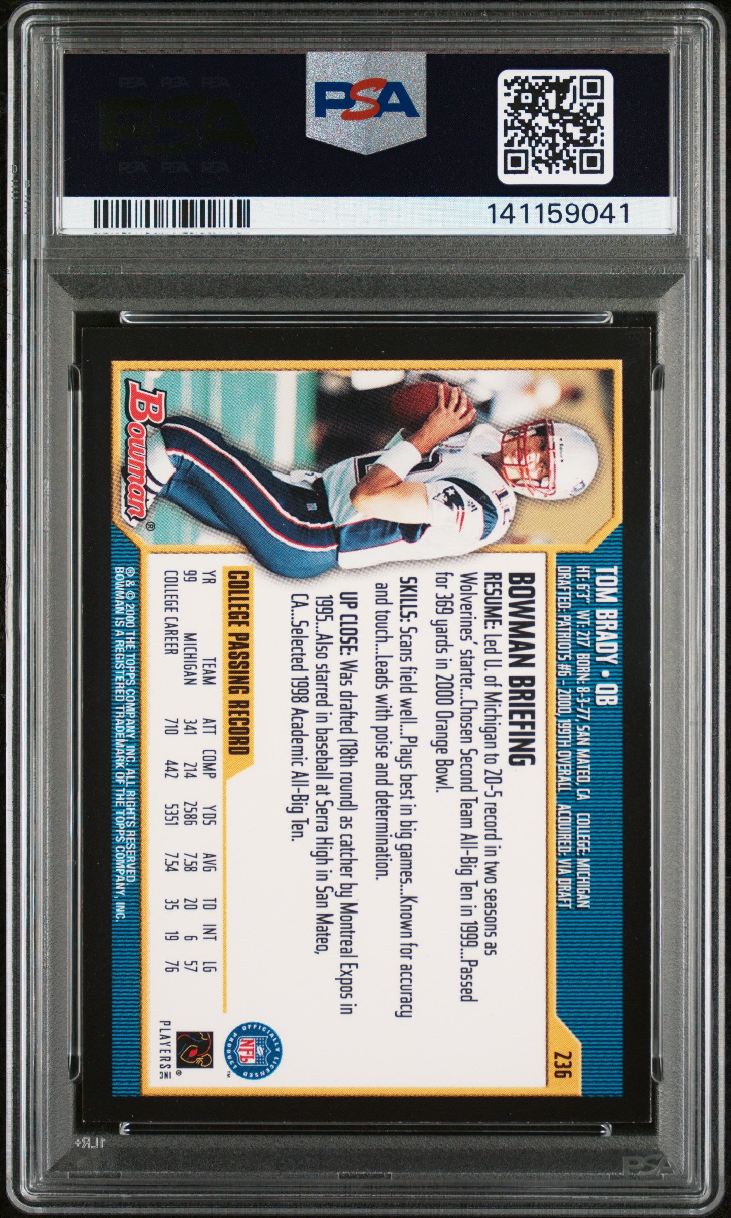 Tom Brady 2000 Bowman Rookie Card RC New England Patriots #236 PSA 5