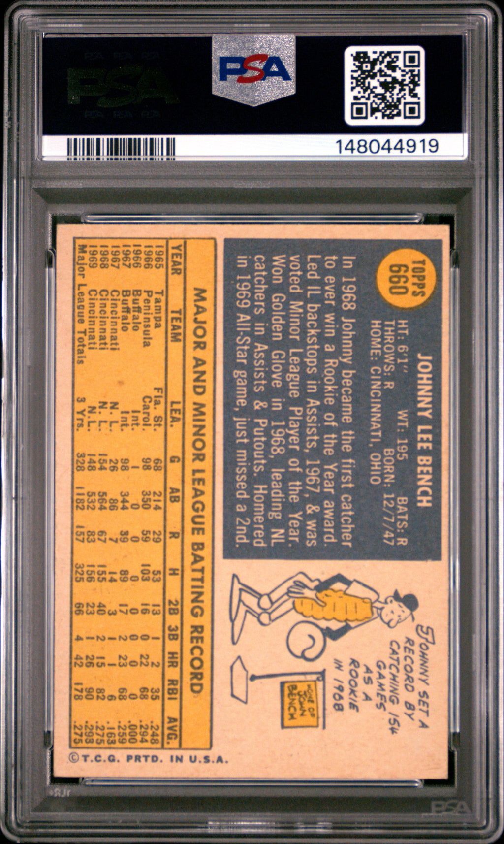 Johnny Bench 1970 Topps Card Cincinnati Reds #660 PSA 4