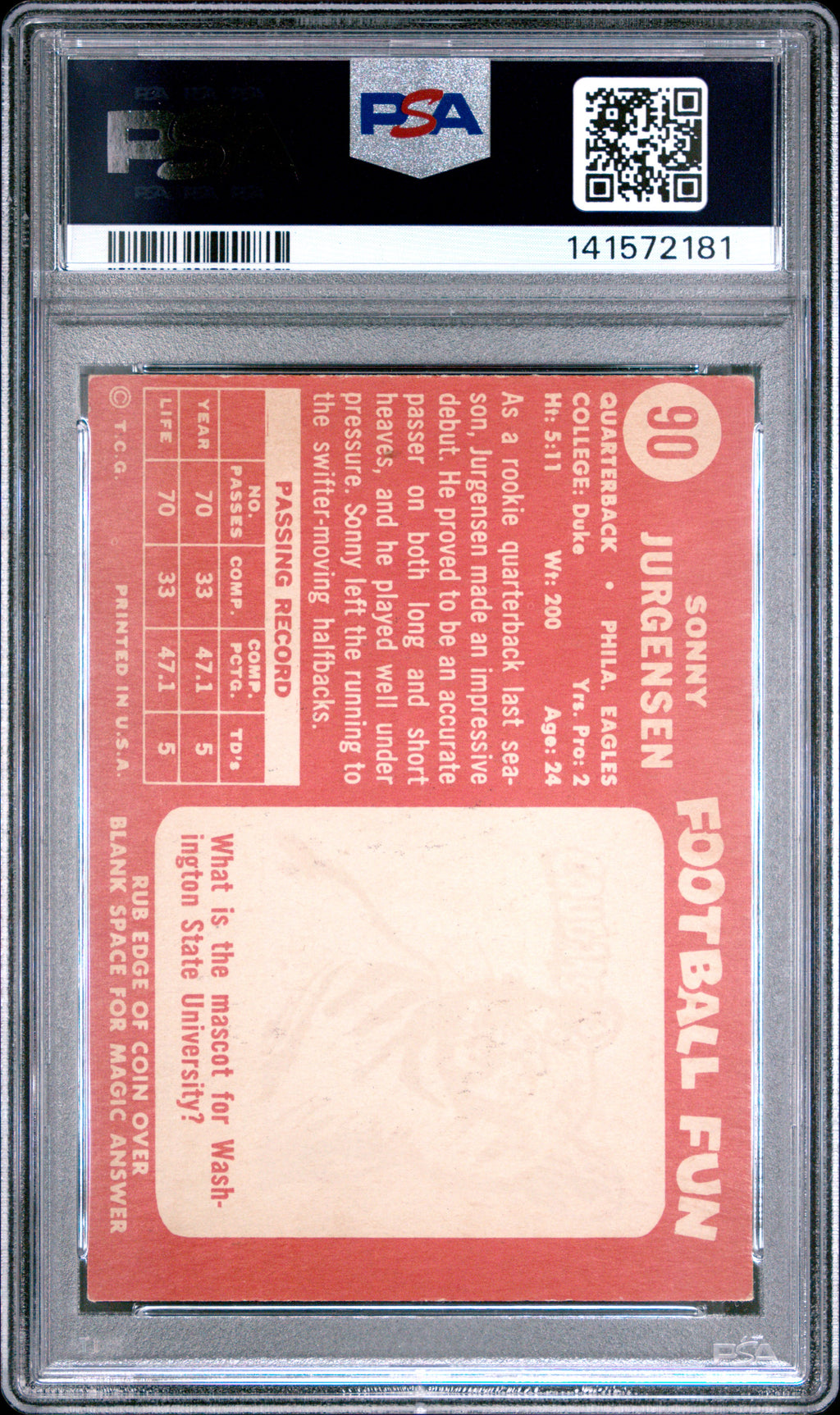 Sonny Jurgensen 1958 Topps Rookie RC Philadelphia Eagles #90 PSA 4