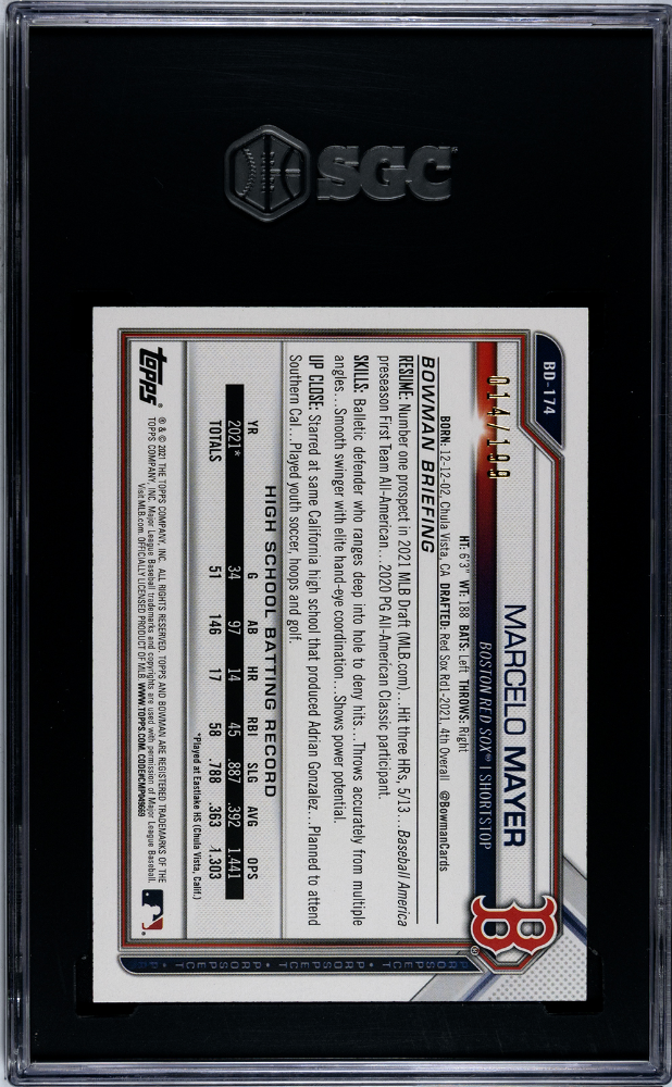 Marcelo Mayer 2021 Bowman Draft Aqua 1st Rookie RC Boston Red Sox 14/199 SGC 10