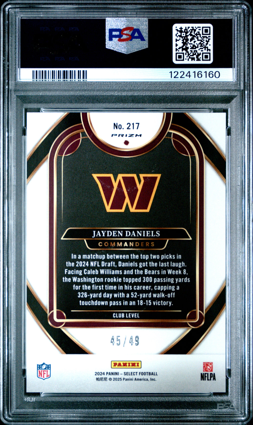 Jayden Daniels 2024 Select Club Level Red Disco RC Commanders 45/49 PSA 10