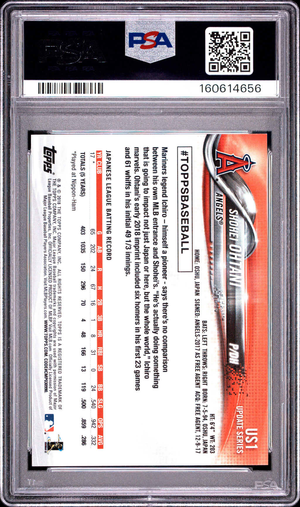 Shohei Ohtani 2018 Topps Update Rookie RC Los Angeles Angels #US1 PSA 9