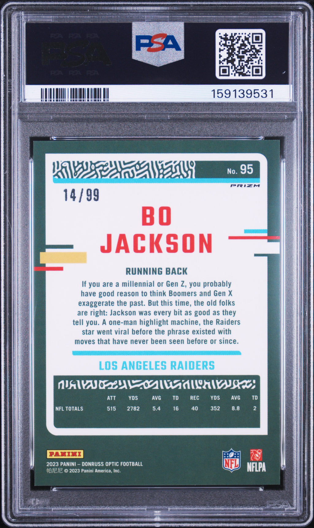 Bo Jackson 2023 Optic Red Prizm Oakland Raiders 14/99 #95 PSA 9