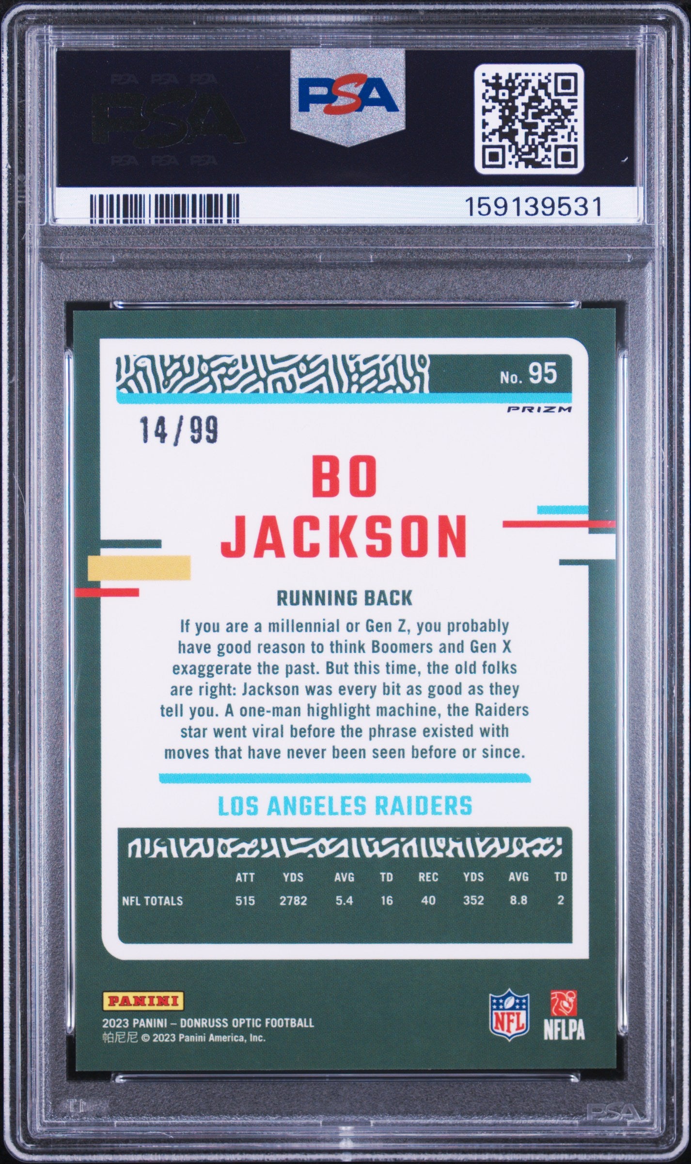 Bo Jackson 2023 Optic Red Prizm Oakland Raiders 14/99 #95 PSA 9