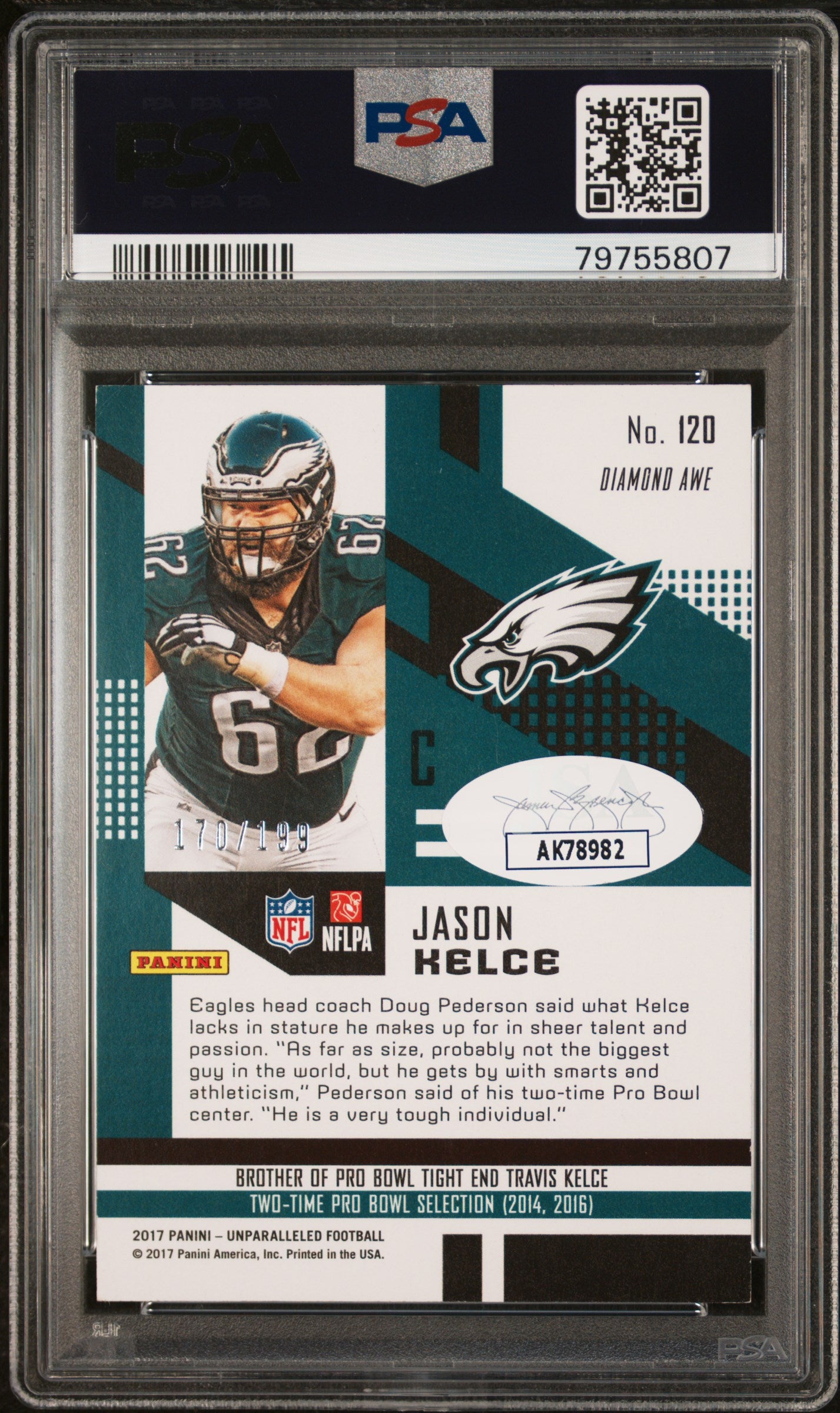 Jason Kelce 2017 Unparalleled Yellow Auto Autograph RC Eagles /199 PSA 10