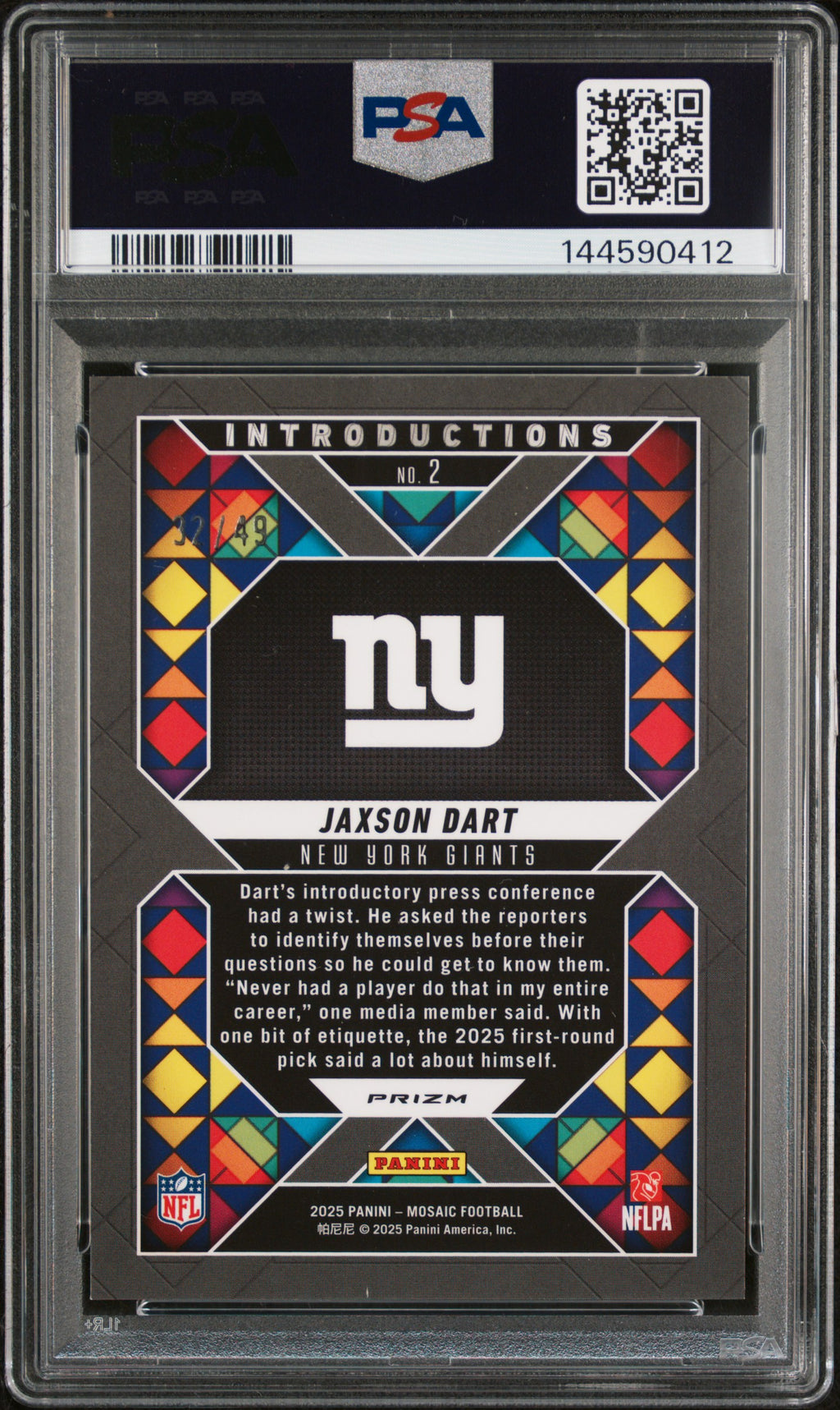 Jaxson Dart 2025 Mosaic Introductions Purple Prizm RC NY Giants 32/49 PSA 10
