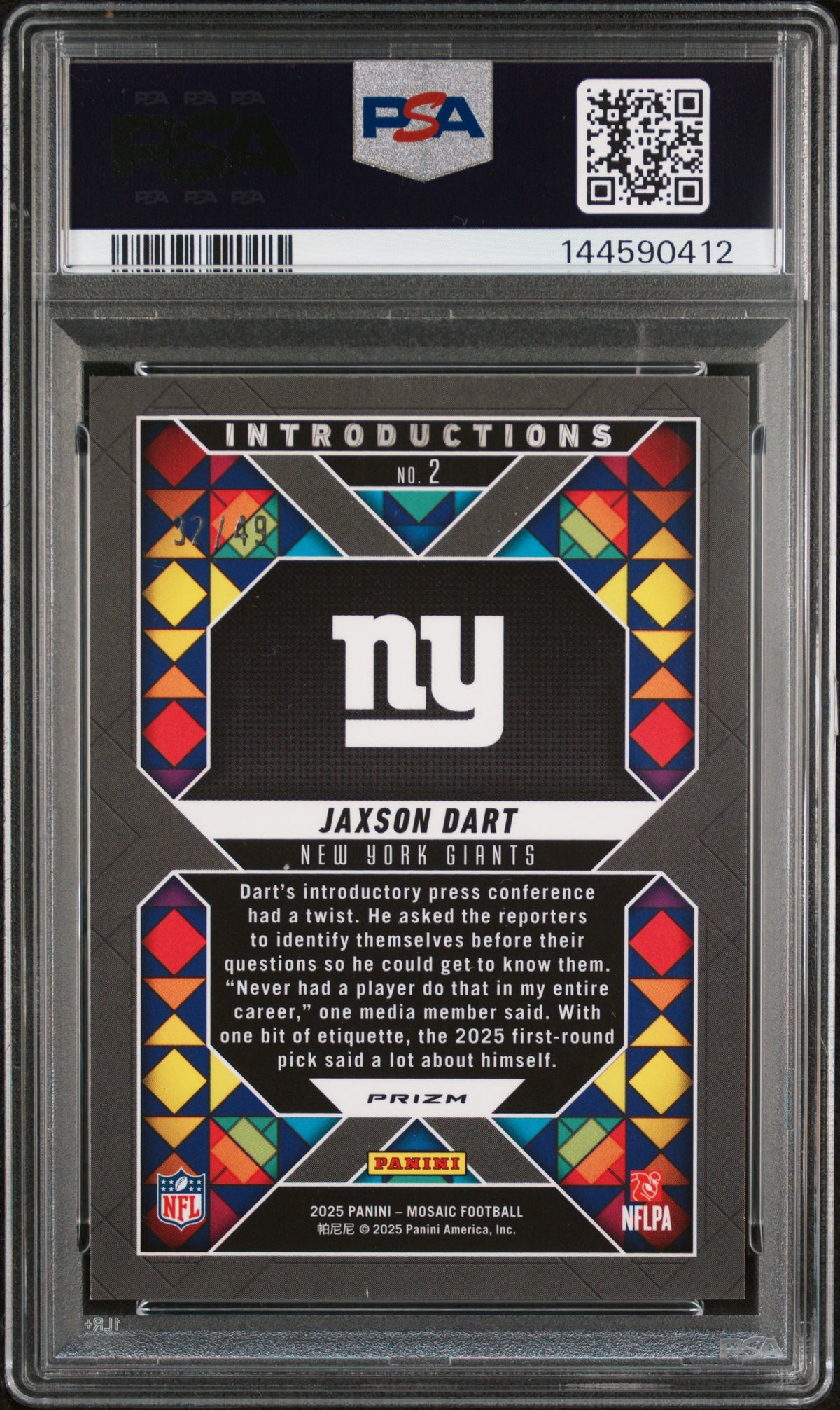Jaxson Dart 2025 Mosaic Introductions Purple Prizm RC NY Giants 32/49 PSA 10