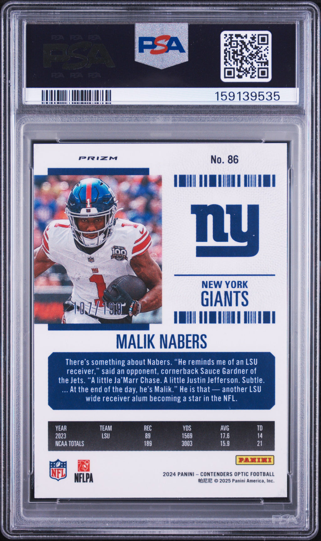 Malik Nabers 2024 Contenders Optic Red Prizm Rookie RC NY Giants 107/199 PSA 8