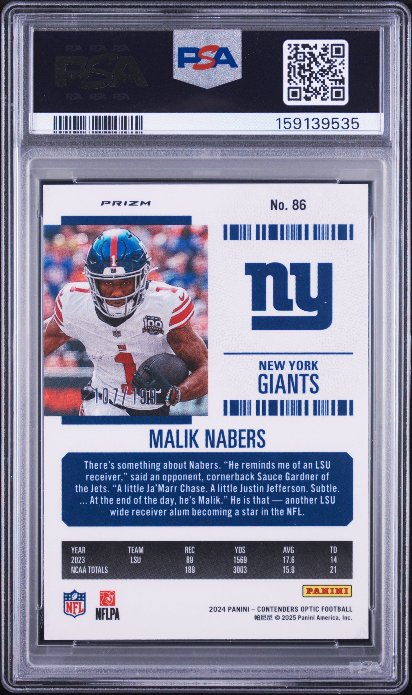 Malik Nabers 2024 Contenders Optic Red Prizm Rookie RC NY Giants 107/199 PSA 8