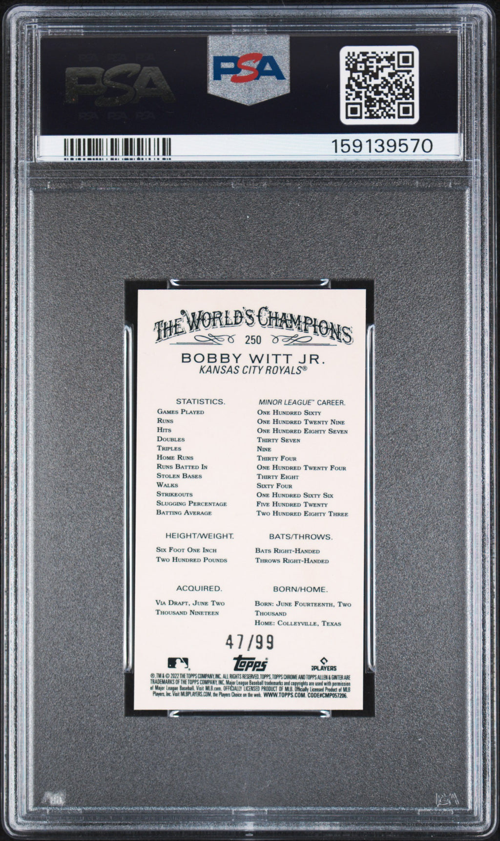 Bobby Witt Jr. 2022 Allen & Ginter Mini Green Refractor RC Royals 47/99 PSA 10