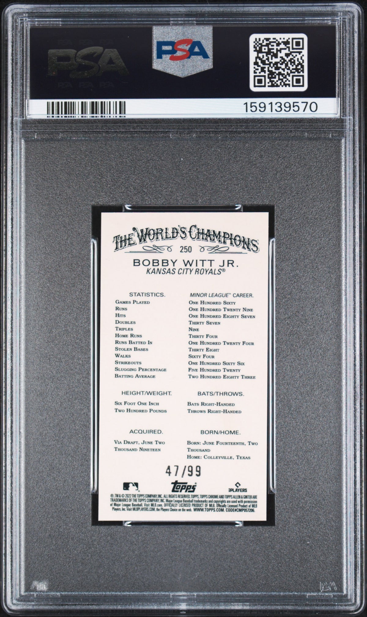 Bobby Witt Jr. 2022 Allen & Ginter Mini Green Refractor RC Royals 47/99 PSA 10