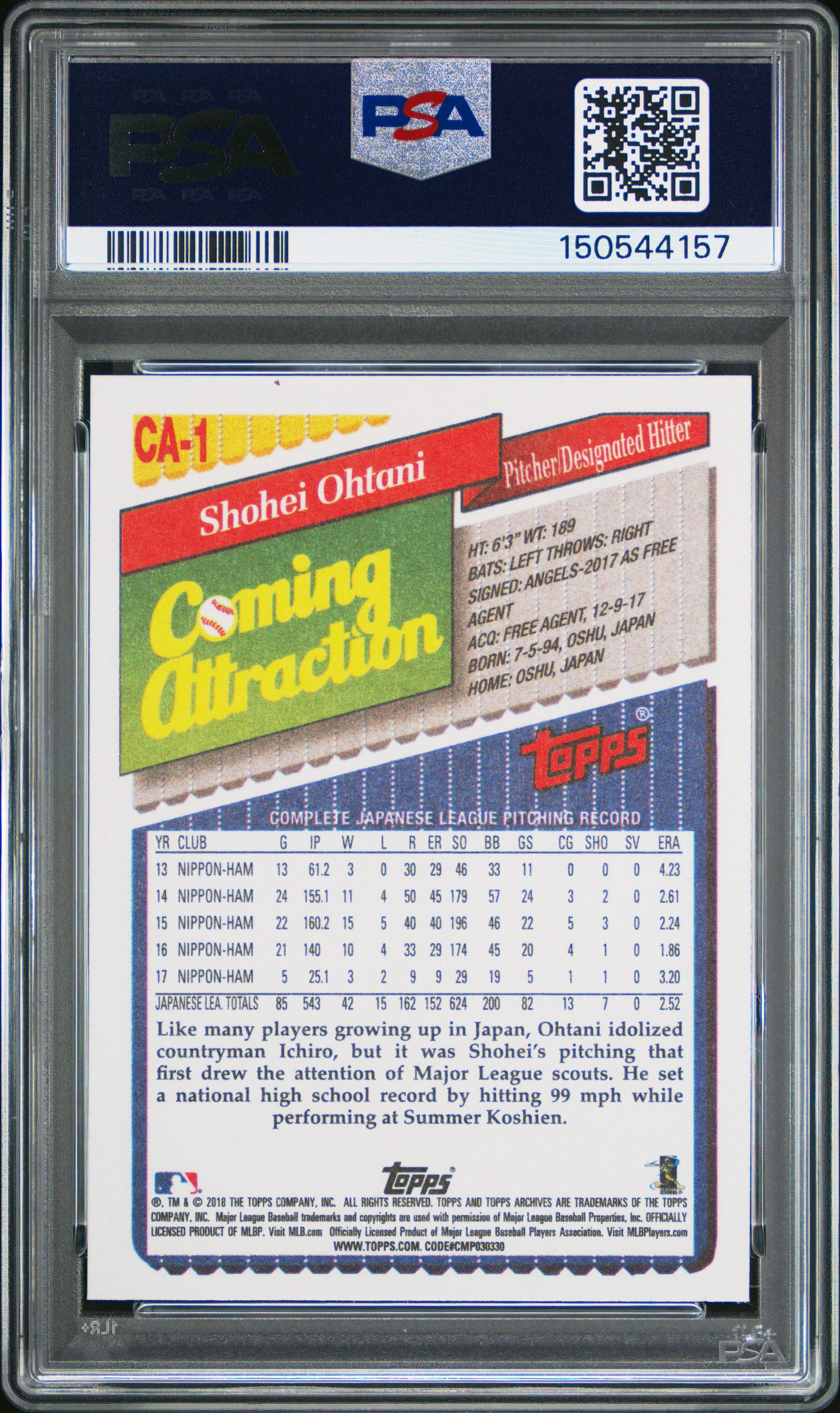 Shohei Ohtani 2018 Topps Archives Coming Attraction Rookie RC LA Angels PSA 9