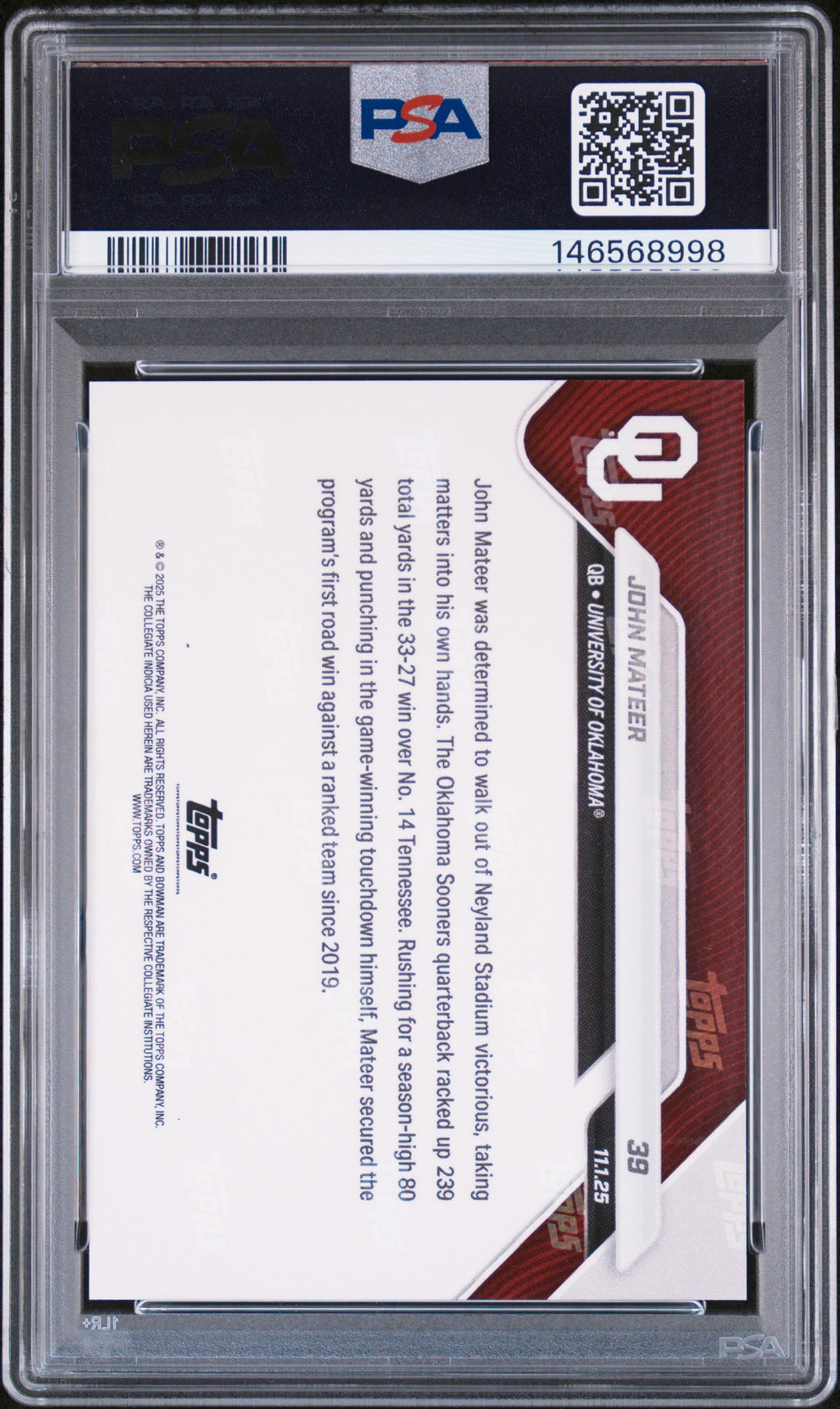 John Mateer 2025 Bowman U Now Rookie RC Oklahoma Sooners #39 PSA 10