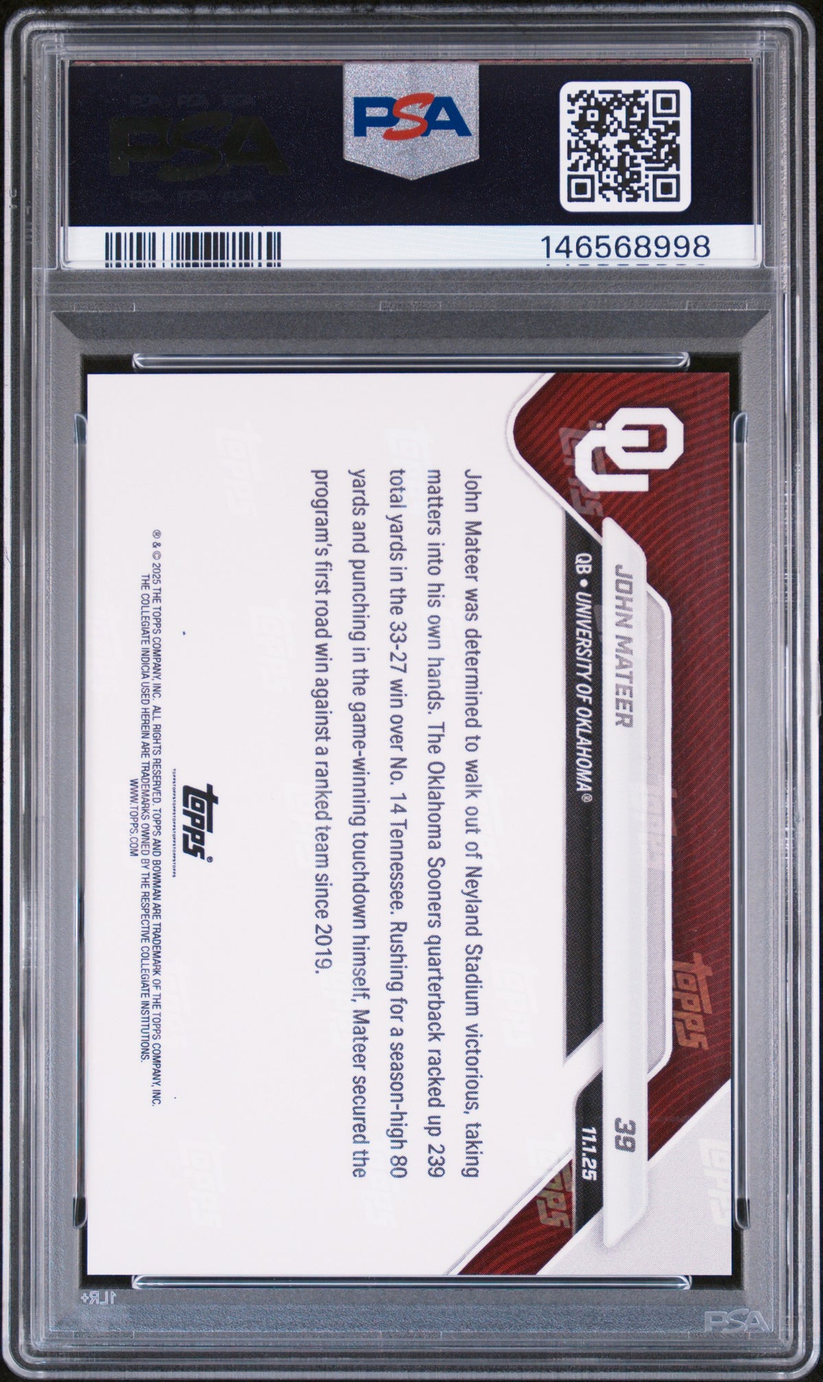 John Mateer 2025 Bowman U Now Rookie RC Oklahoma Sooners #39 PSA 10