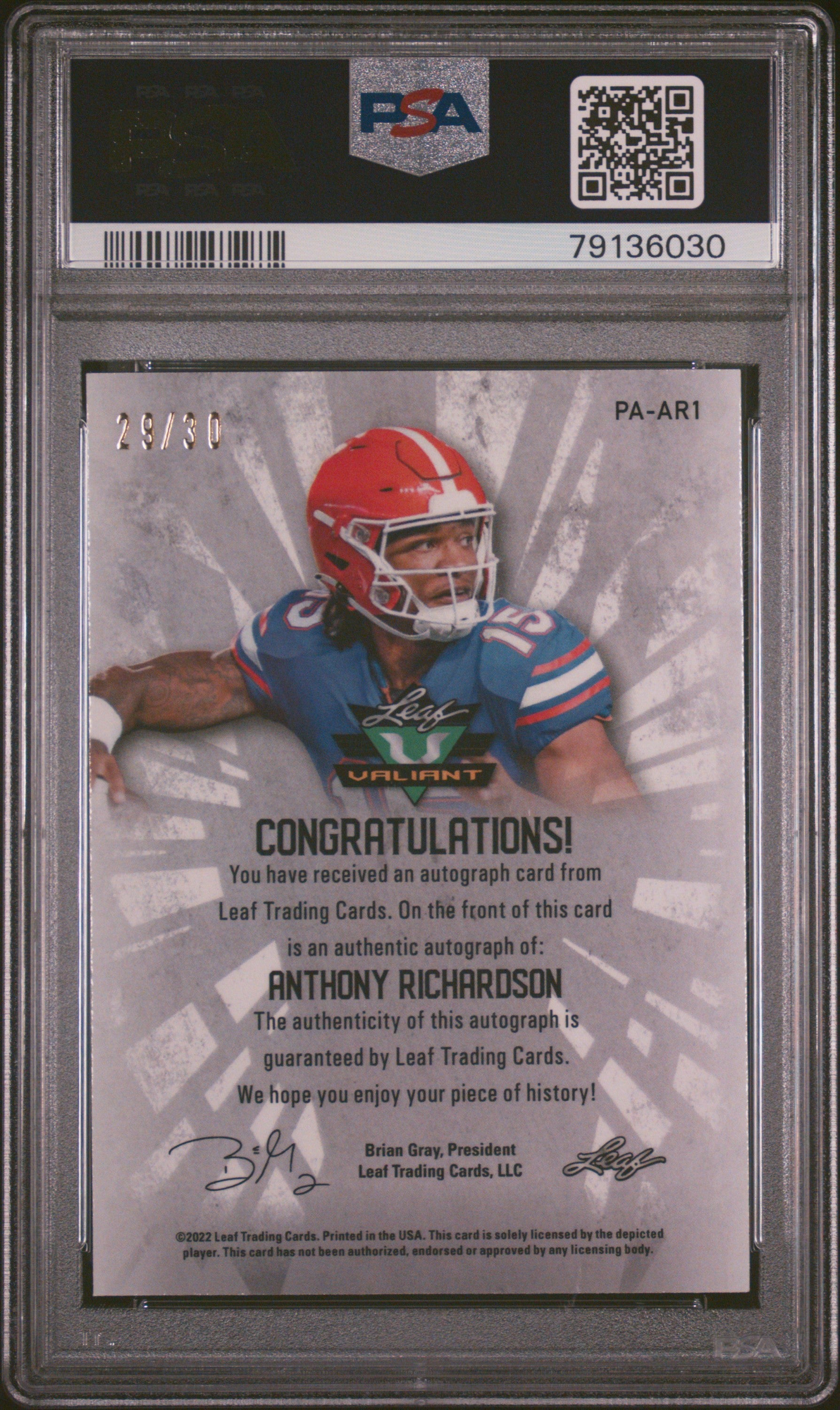 Anthony Richardson 2022 Leaf Valiant Auto Autograph RC Florida 9/30 PSA 9