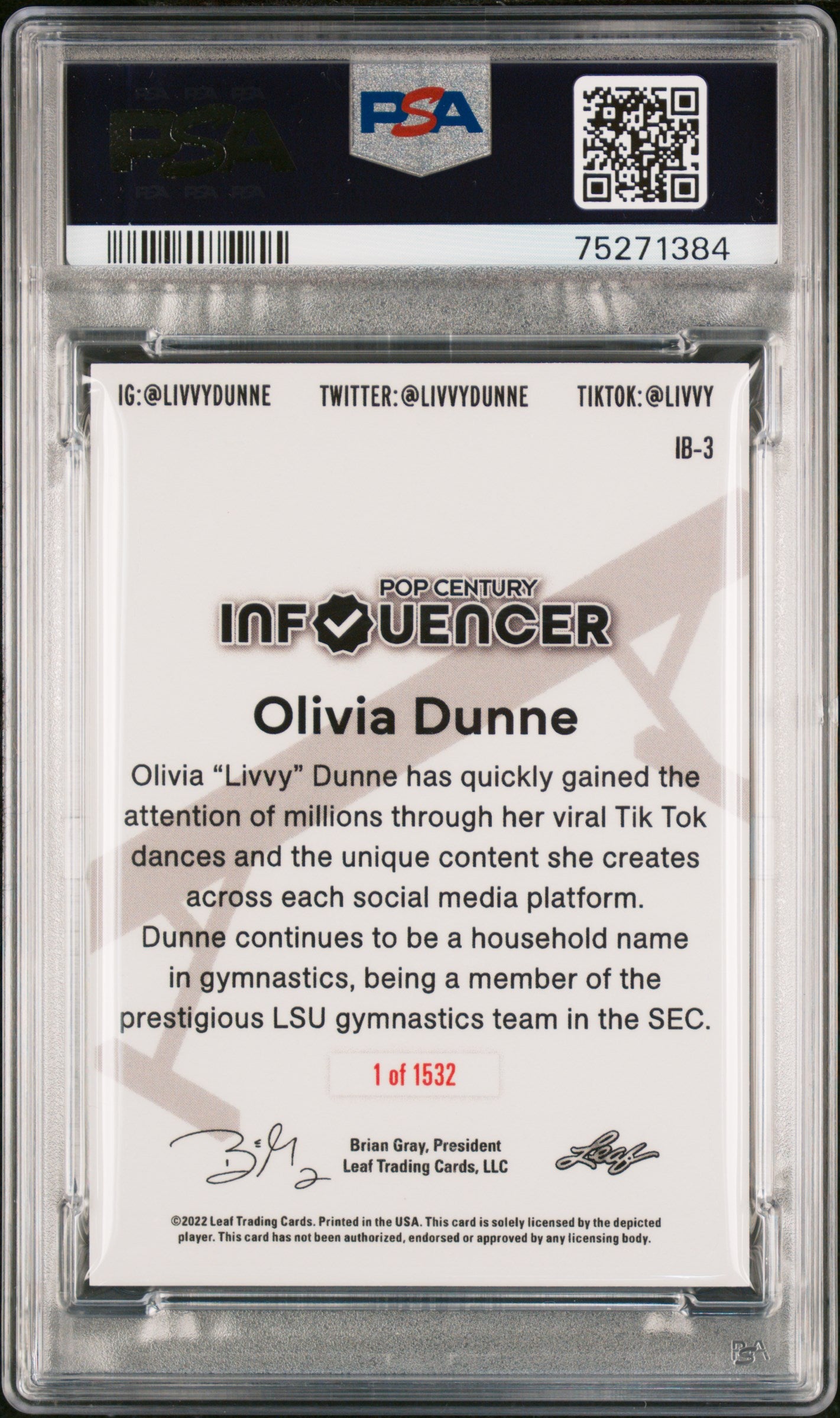 Olivia Dunne 2022 Leaf Pop Century Influencer LSU Tigers /1532 #IB-3 PSA 9