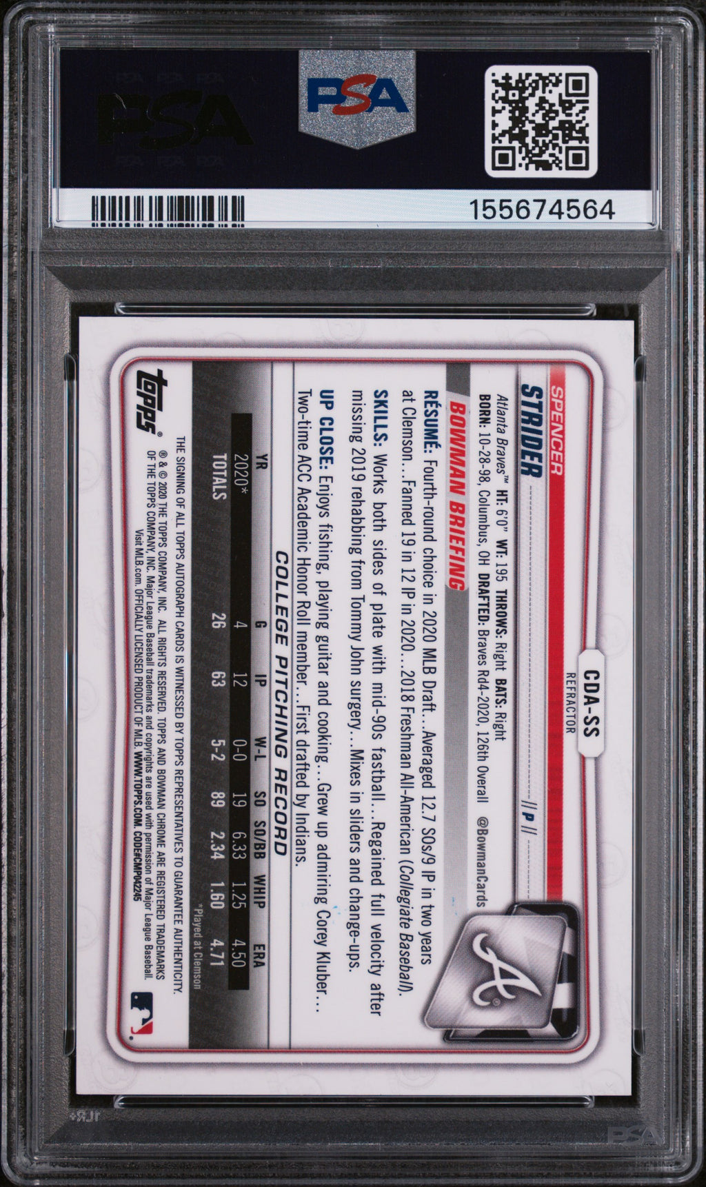 Spencer Strider 2020 Bowman Chrome 1st Auto Autograph RC Braves 430/499 PSA 10