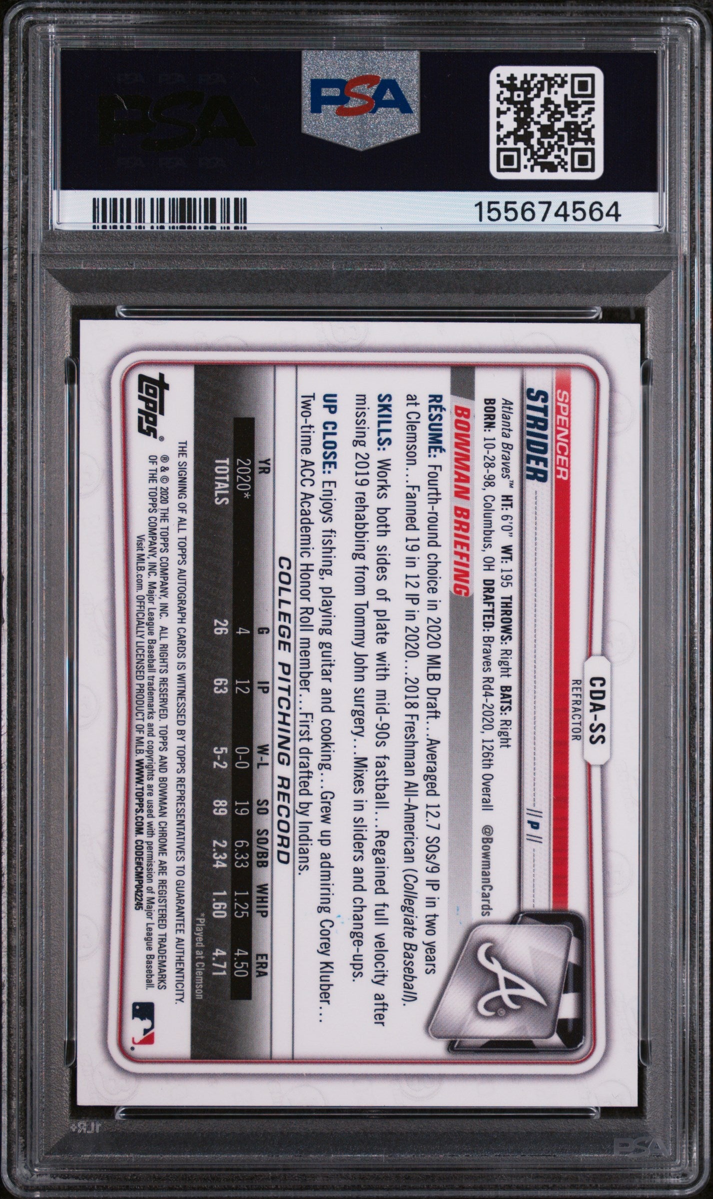 Spencer Strider 2020 Bowman Chrome 1st Auto Autograph RC Braves 430/499 PSA 10
