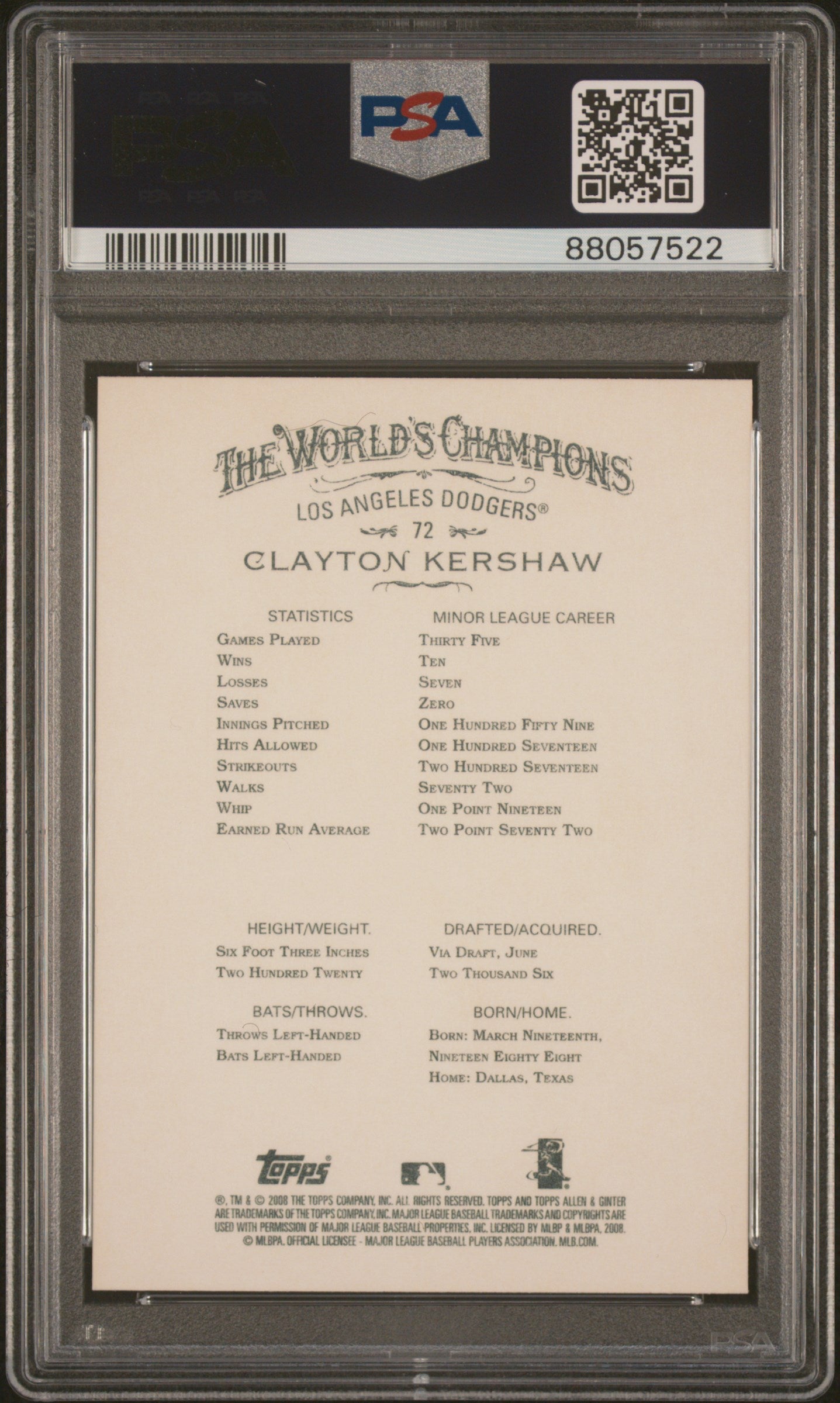 Clayton Kershaw 2008 Topps Allen & Ginter Rookie RC LA Dodgers #72 PSA 10