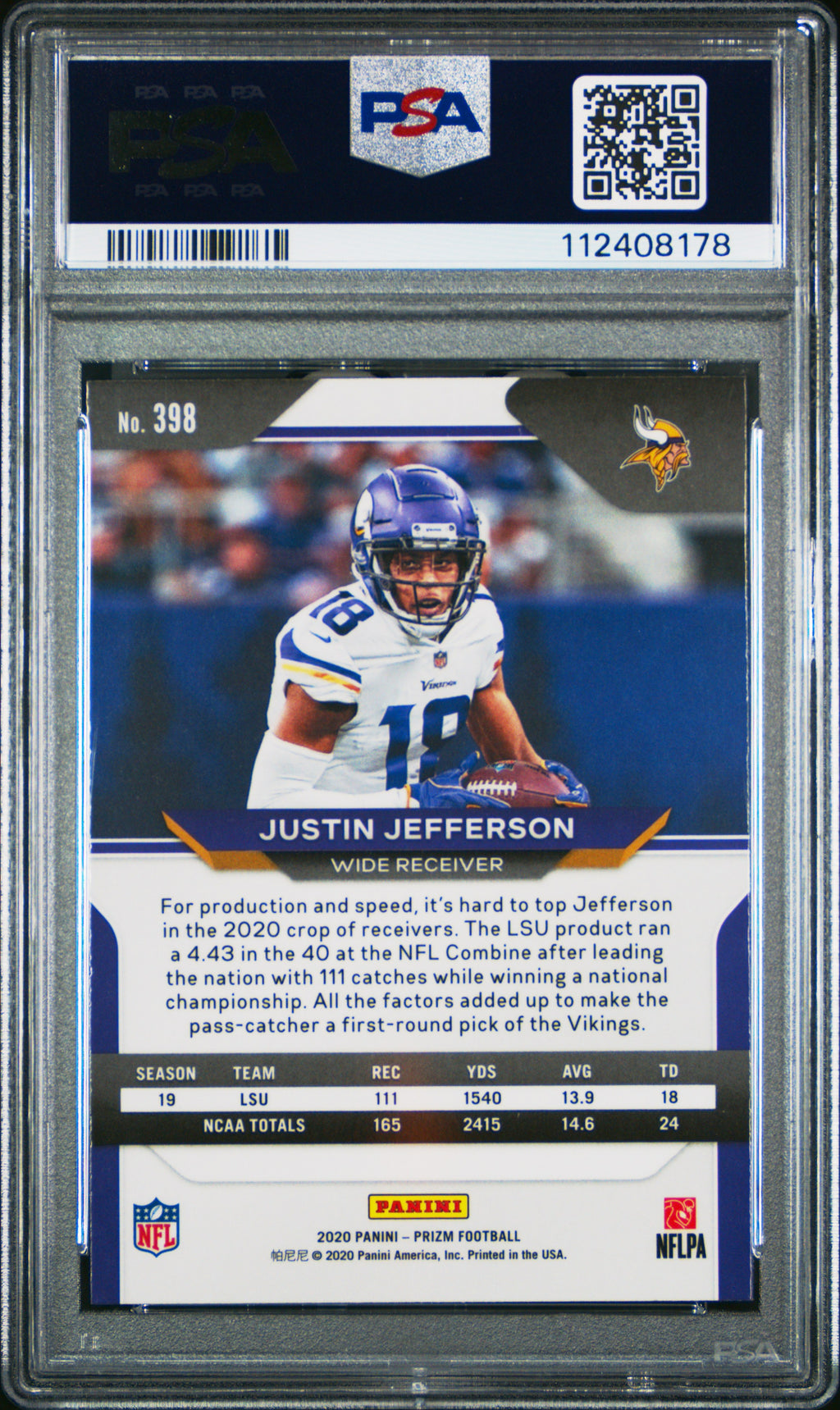 Justin Jefferson 2020 Panini Prizm Rookie RC Minnesota Vikings #398 PSA 10