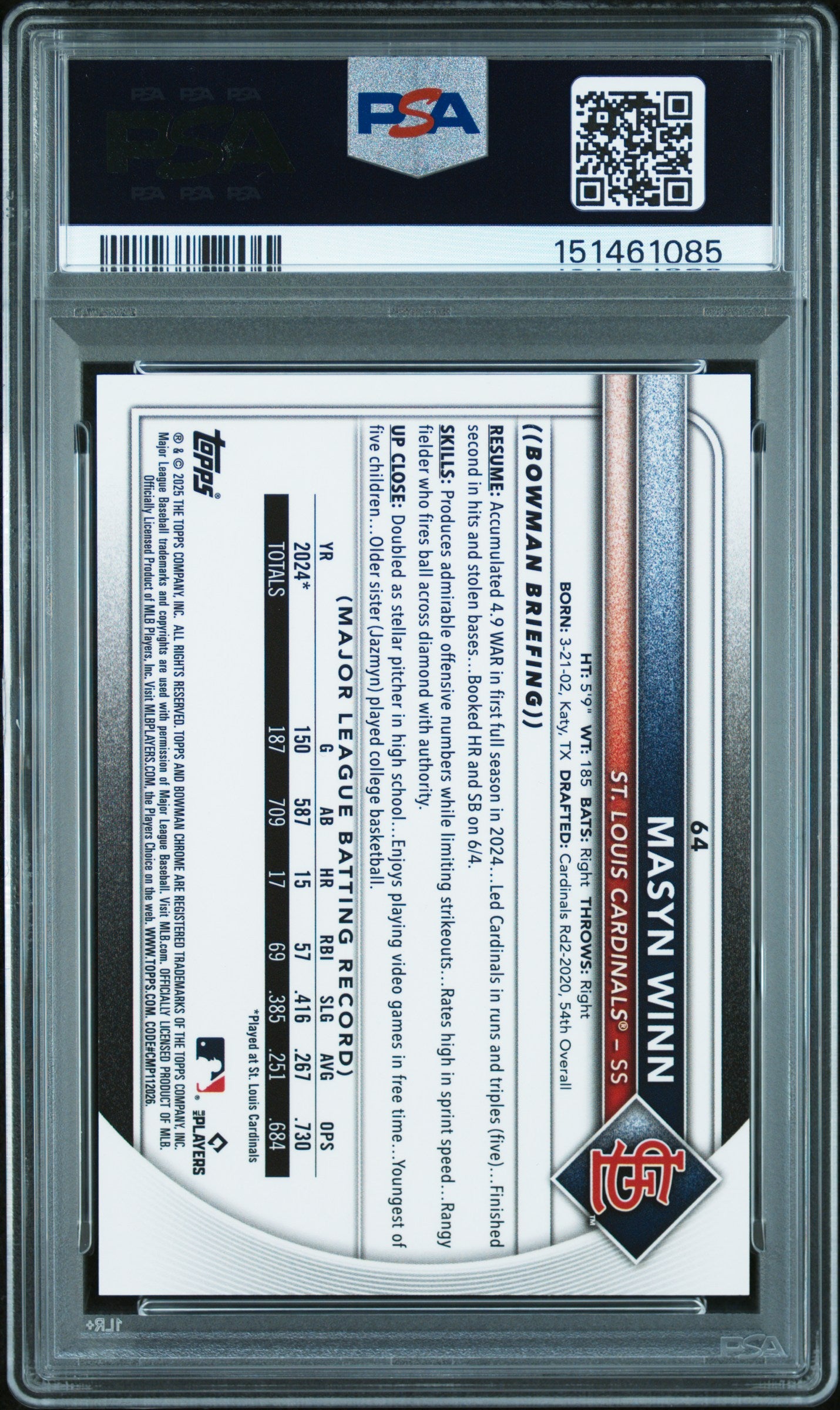 Masyn Winn 2025 Bowman Chrome Sapphire Orange Refractor Cardinals 8/25 PSA 8