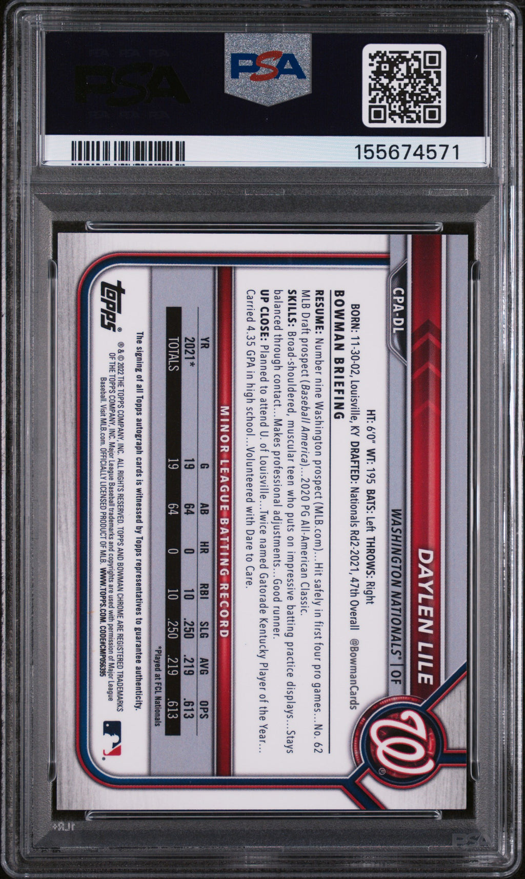 Daylen Lile 2022 Bowman Chrome Auto Autograph Yellow Nationals 47/75 PSA 9