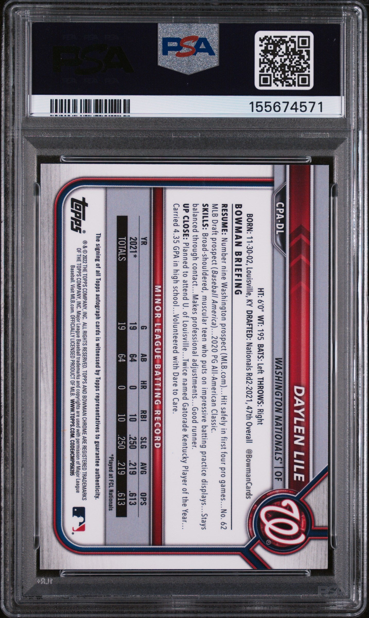 Daylen Lile 2022 Bowman Chrome Auto Autograph Yellow Nationals 47/75 PSA 9