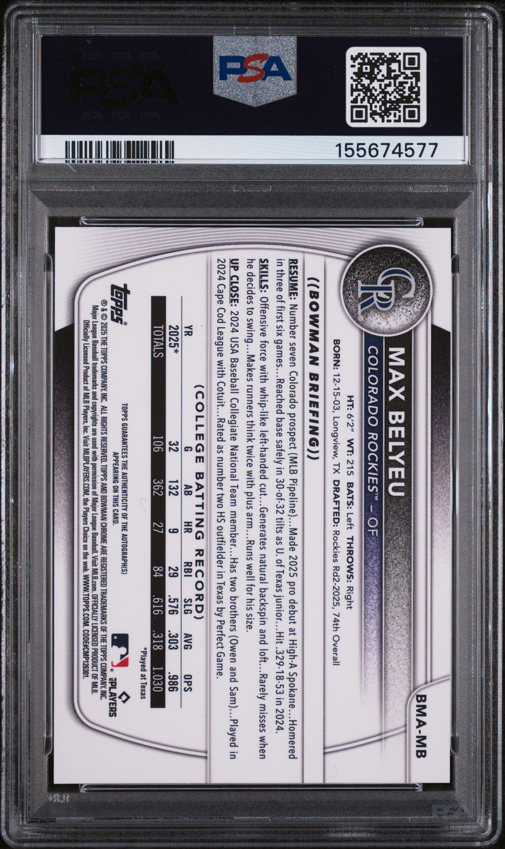 Max Belyeu 2025 Bowman Chrome Blue Auto Autograph RC Rockies 36/150 PSA 10