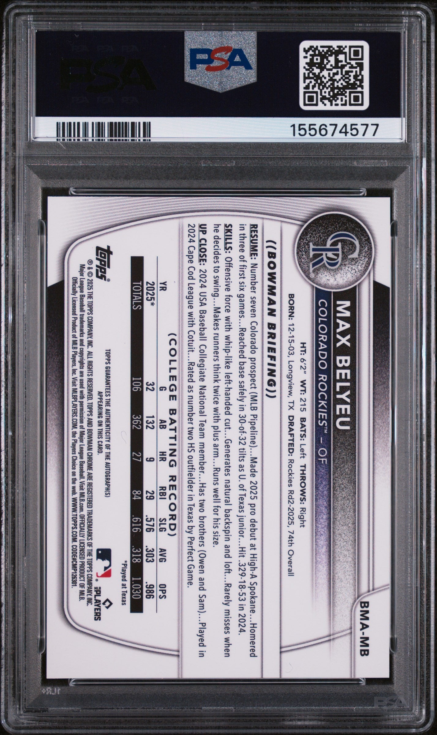 Max Belyeu 2025 Bowman Chrome Blue Auto Autograph RC Rockies 36/150 PSA 10