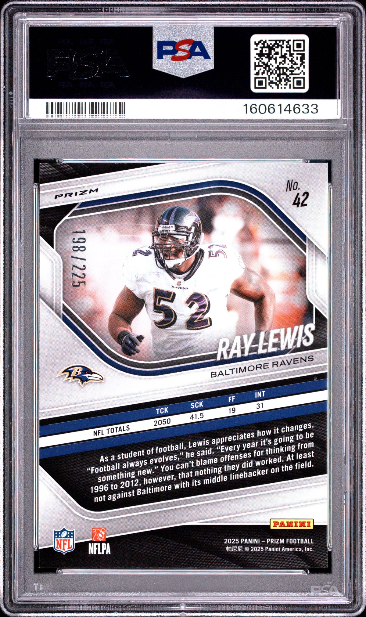 Ray Lewis 2025 Prizm Purple Ice Prizm Baltimore Ravens 198/225 PSA 10