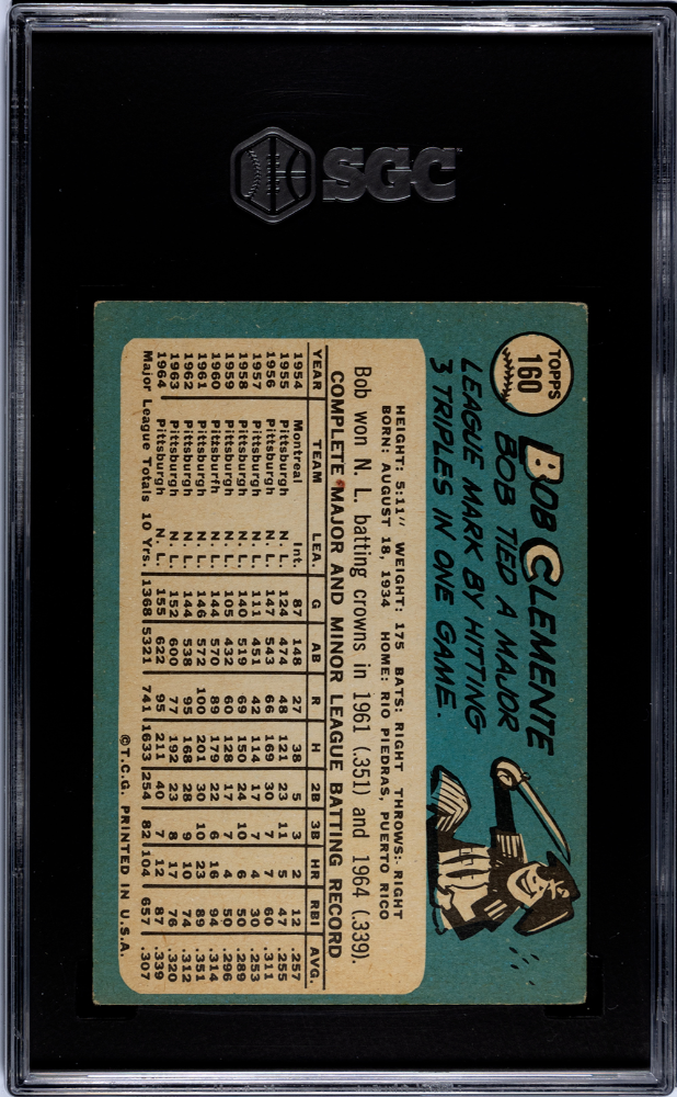 Bob Clemente 1965 Topps Card Pittsburgh Pirates #160 SGC 4