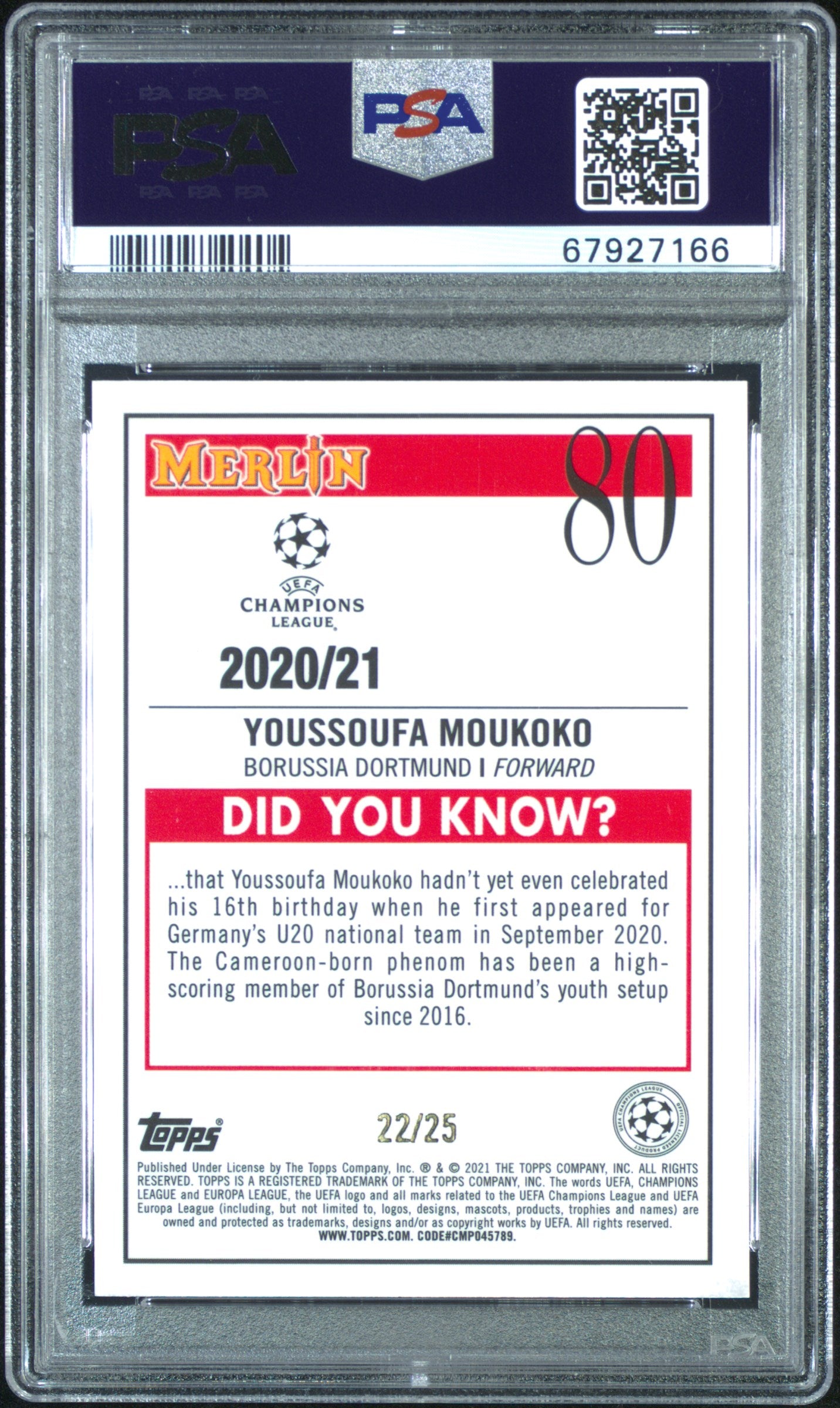 Youssoufa Moukoko 2020 Topps Chrome Orange Refractor RC Dortmund 22/25 PSA 9