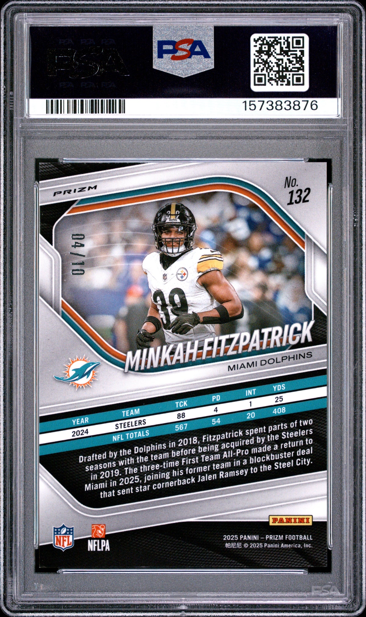 Minkah Fitzpatrick 2025 Prizm GOLD Prizm Pittsburgh Steelers Dolphins 4/10 PSA 9