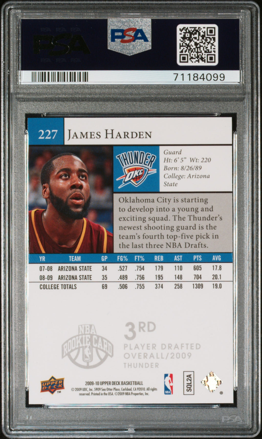 James Harden 2009-10 Upper Deck Rookie RC Arizona State Thunder #227 PSA 10