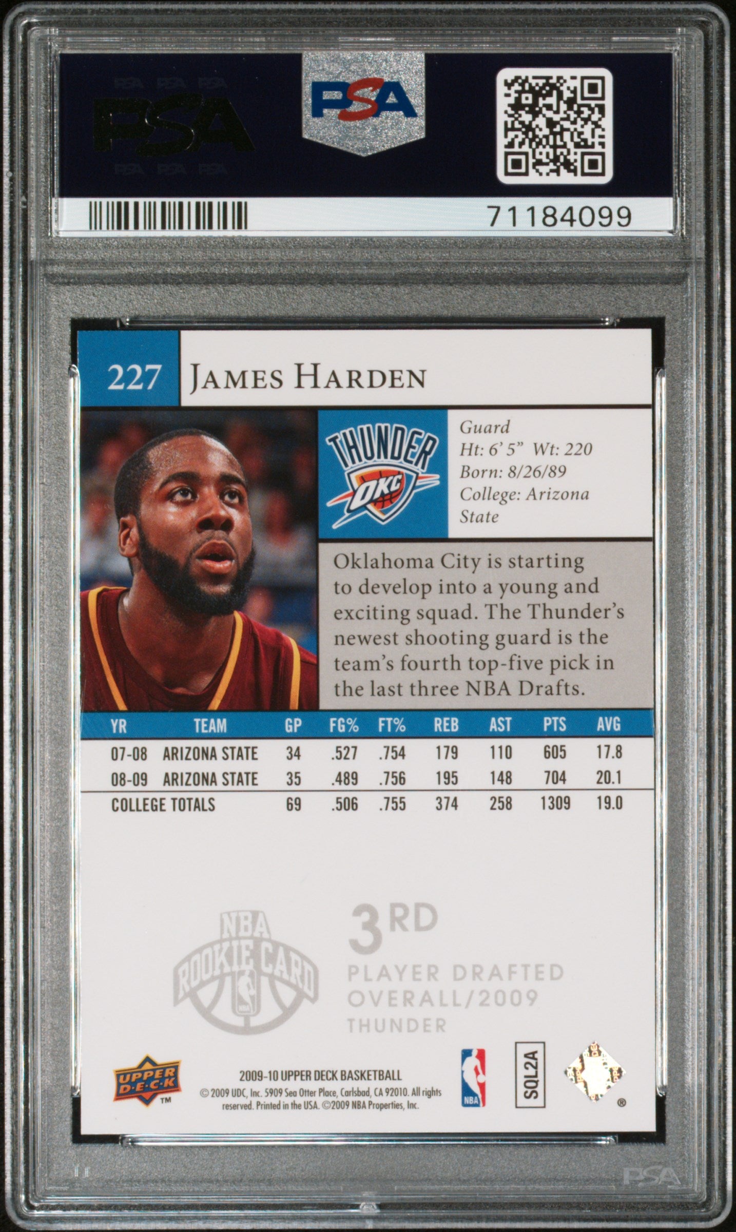 James Harden 2009-10 Upper Deck Rookie RC Arizona State Thunder #227 PSA 10