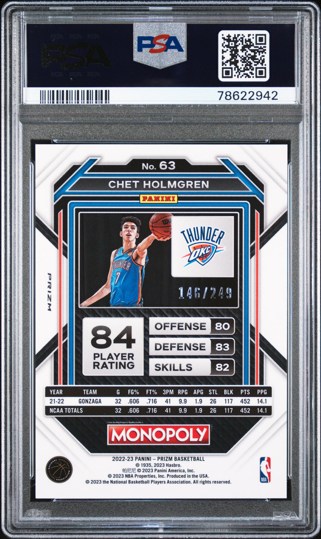 Chet Holmgren 2022-23Prizm Monopoly Brown Prizm Rookie RC OKC Thunder /249 PSA 9