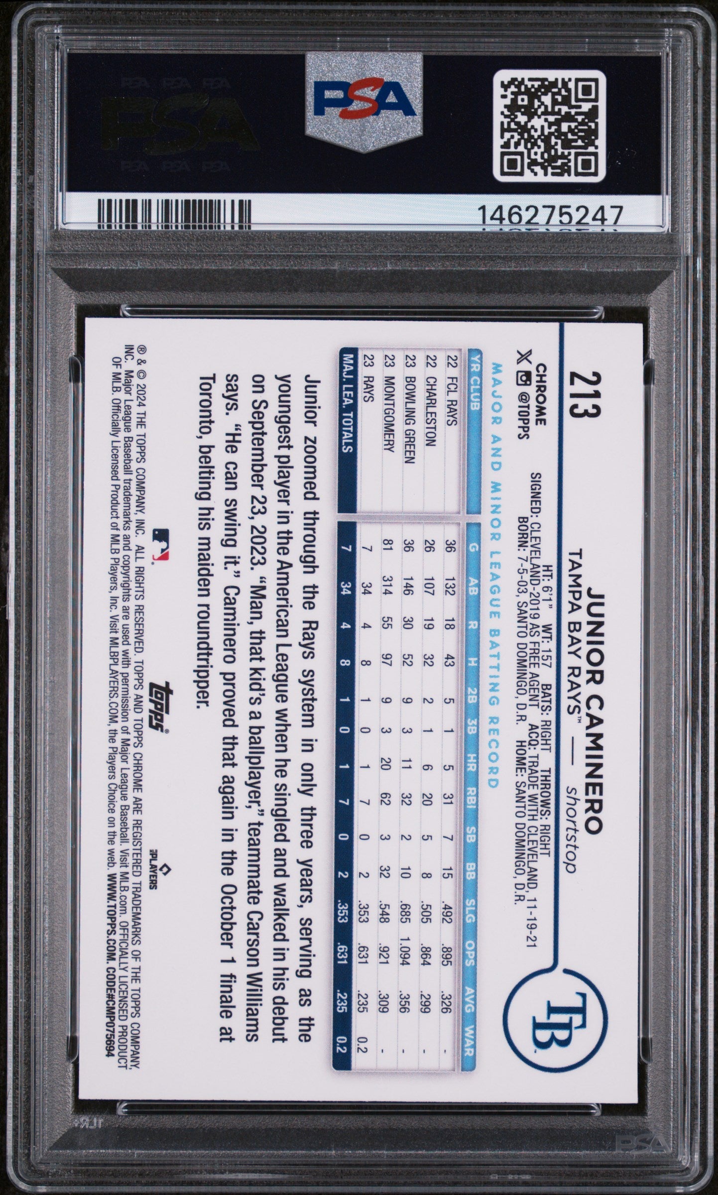 Junior Caminero 2024 Topps Chrome Negative Refractor Rookie RC TB Rays PSA 9