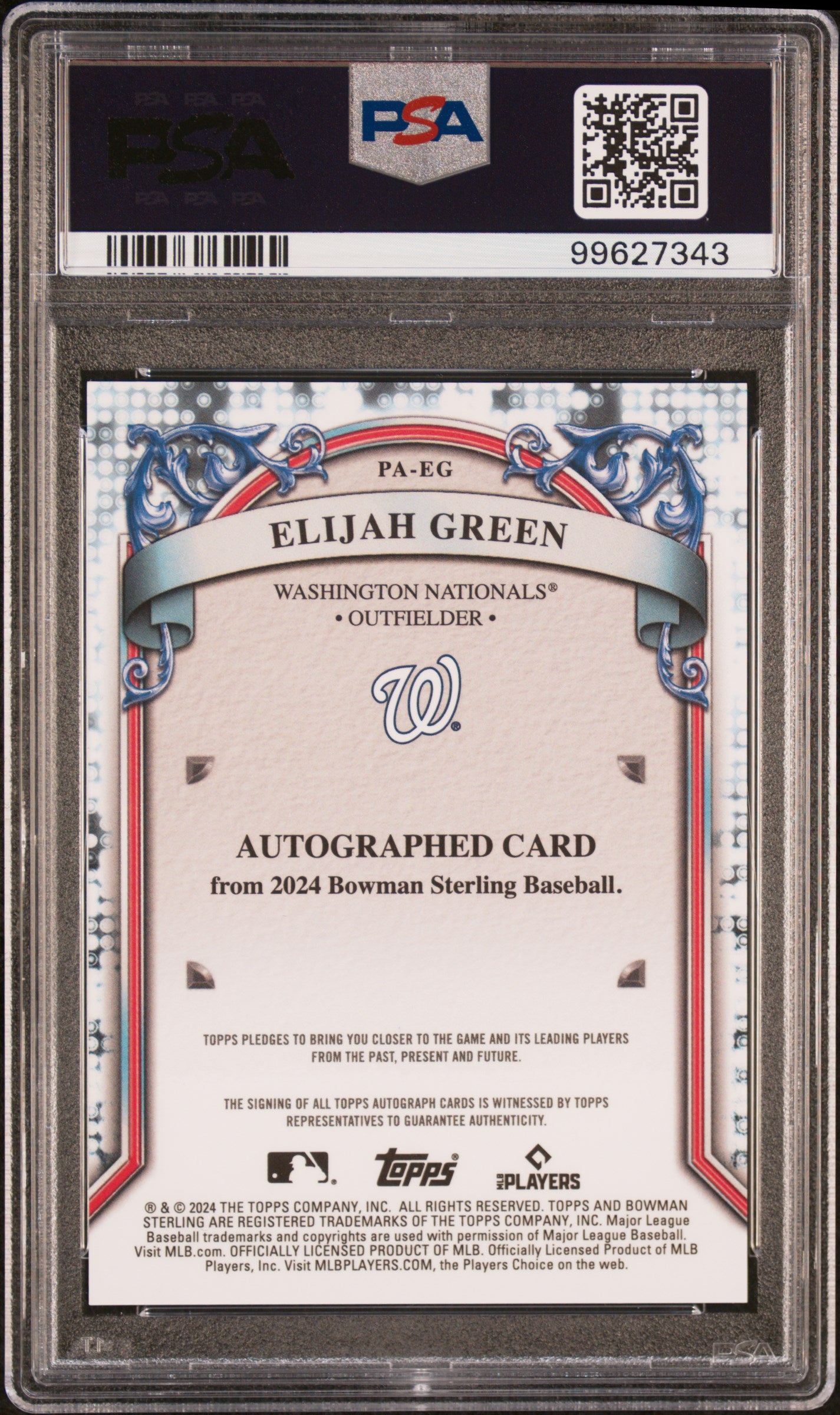 Elijah Green 2024 Bowman Sterling Auto Autograph RC Washington Nationals PSA 10