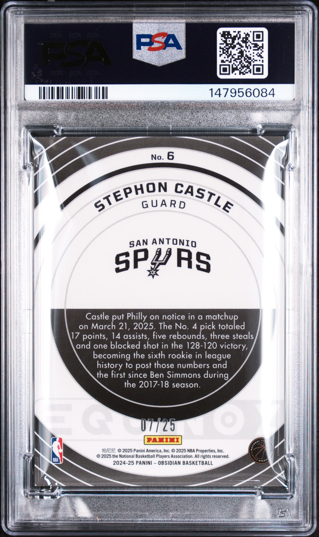 Stephon Castle 2024-25 Obsidian Equinox Green Jade RC 7/25 Spurs PSA 9