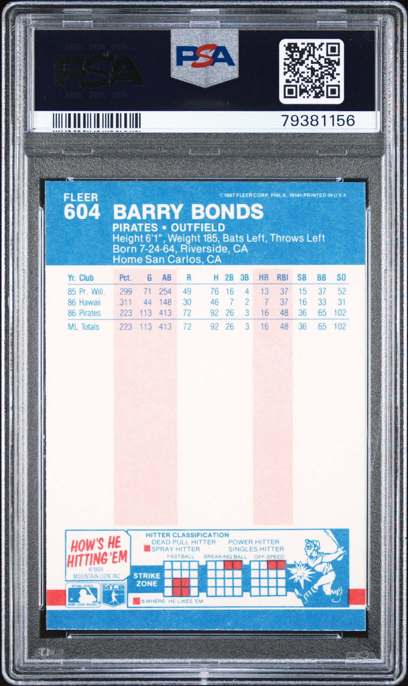 Barry Bonds 1987 Fleer Rookie RC Pittsburgh Pirates #604 PSA 9