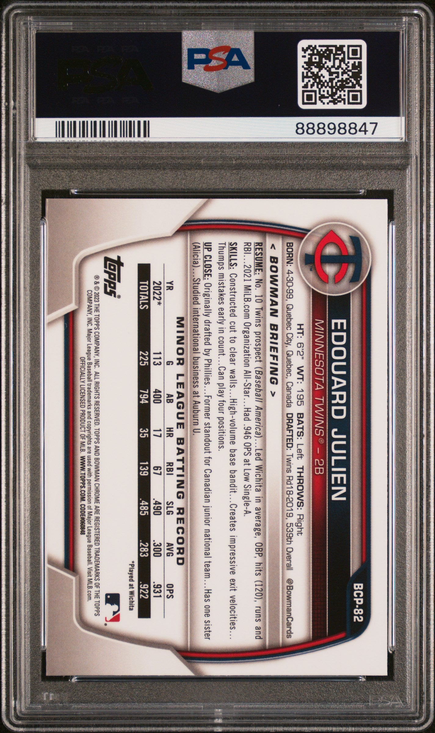 Edouard Julien 2023 Bowman Chrome Sapphire 1st Rookie RC Minnesota Twins PSA 10