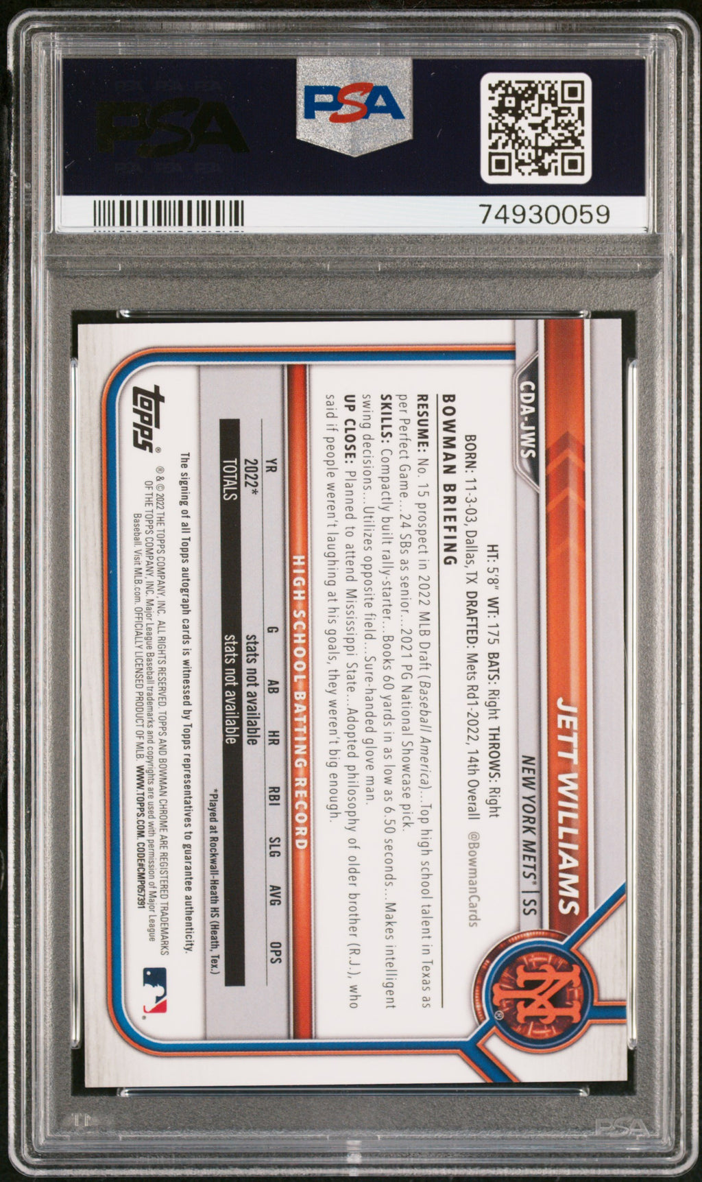 Jett Williams 2022 Bowman Chrome 1st Auto Autograph Blue Mets 41/150 /150 PSA 9