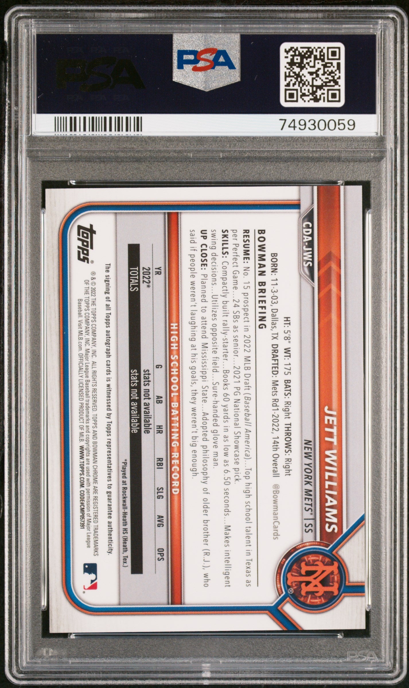 Jett Williams 2022 Bowman Chrome 1st Auto Autograph Blue Mets 41/150 /150 PSA 9