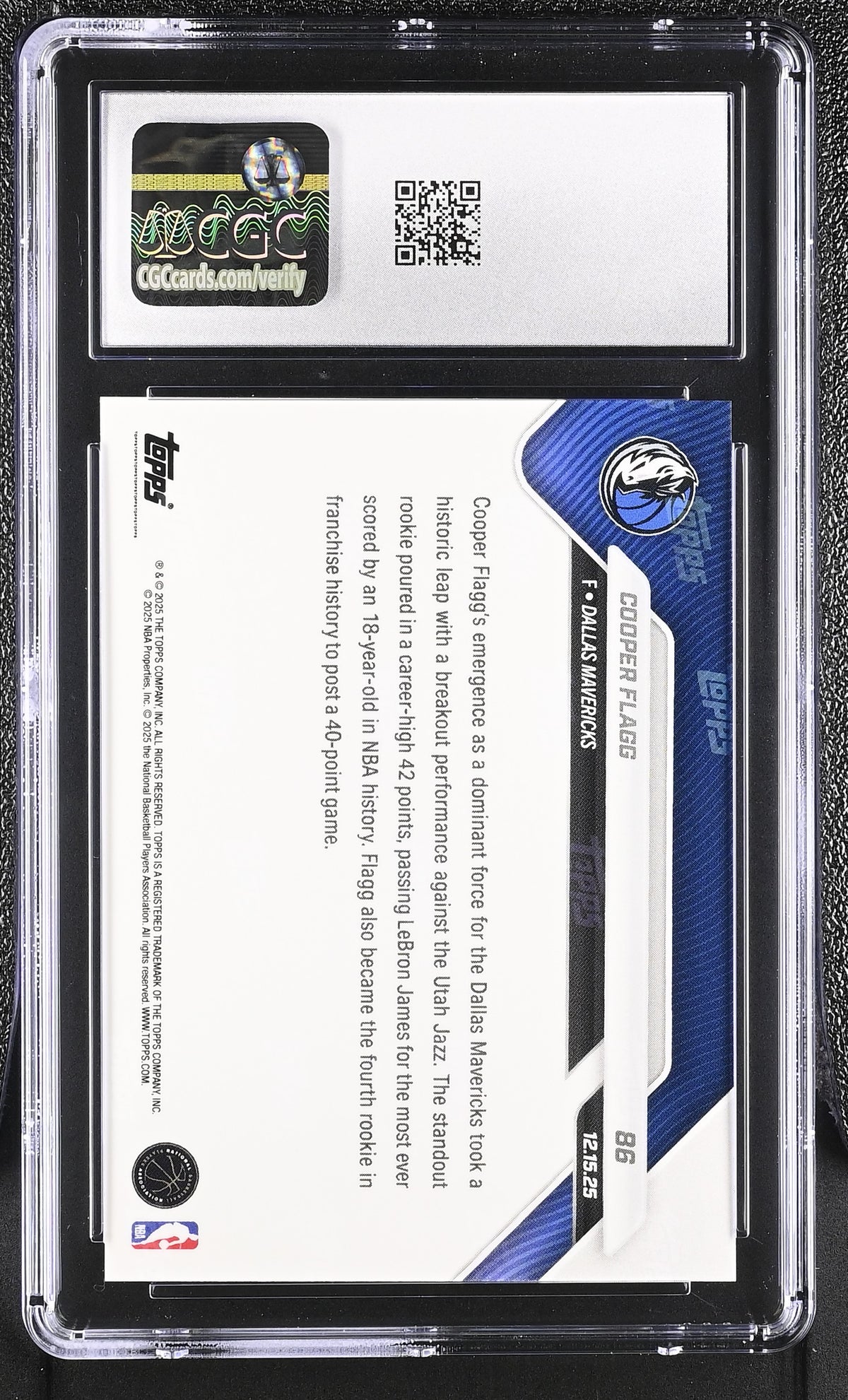 Cooper Flagg 2025-26 Topps Now Rookie RC Dallas Mavericks #86 CGC 10